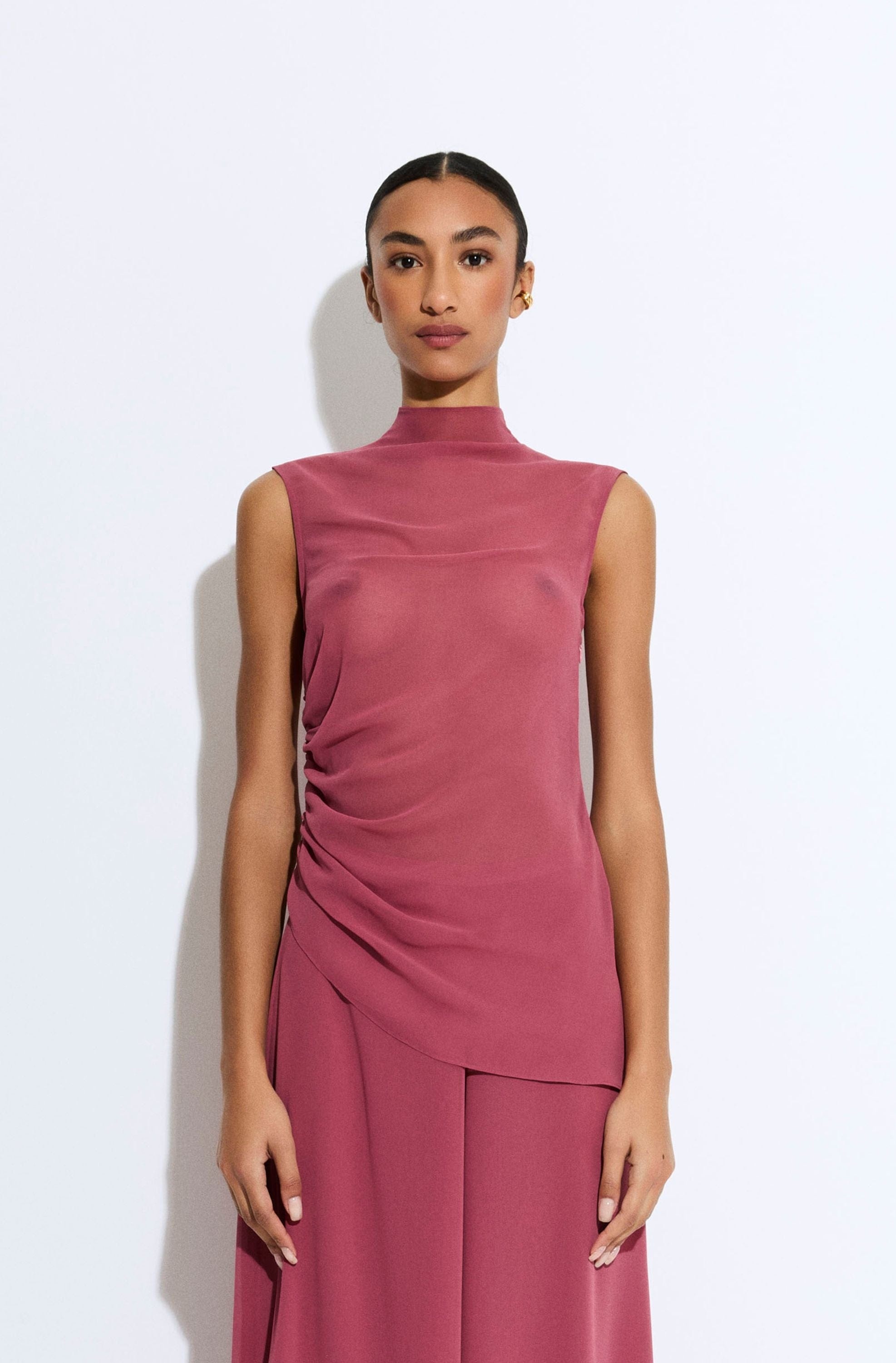 Lightweight Georgette Mock Neck Ruched Top - 2