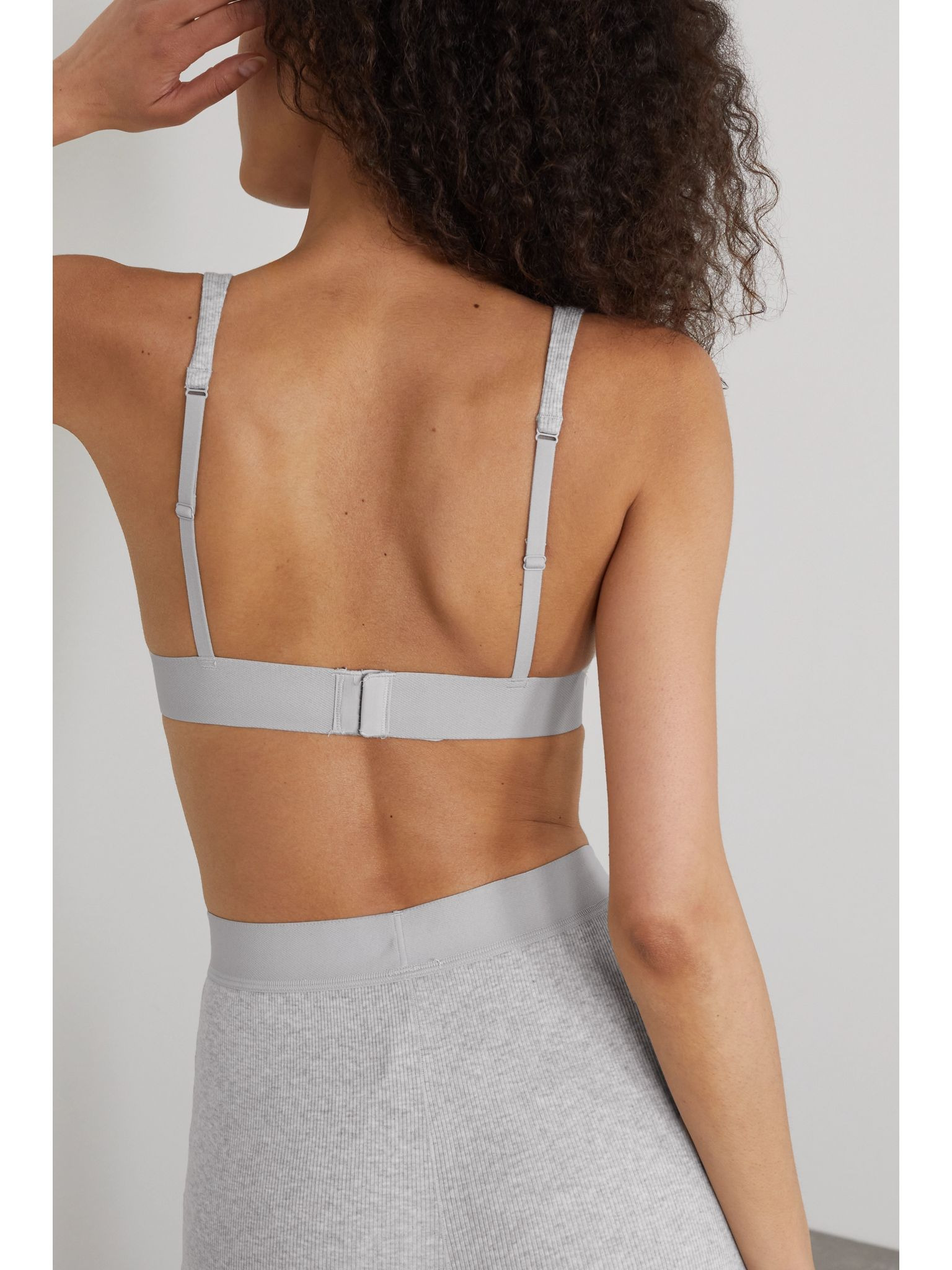 Plunge ribbed cotton-blend jersey bralette - Light Heather Grey Gray - 3