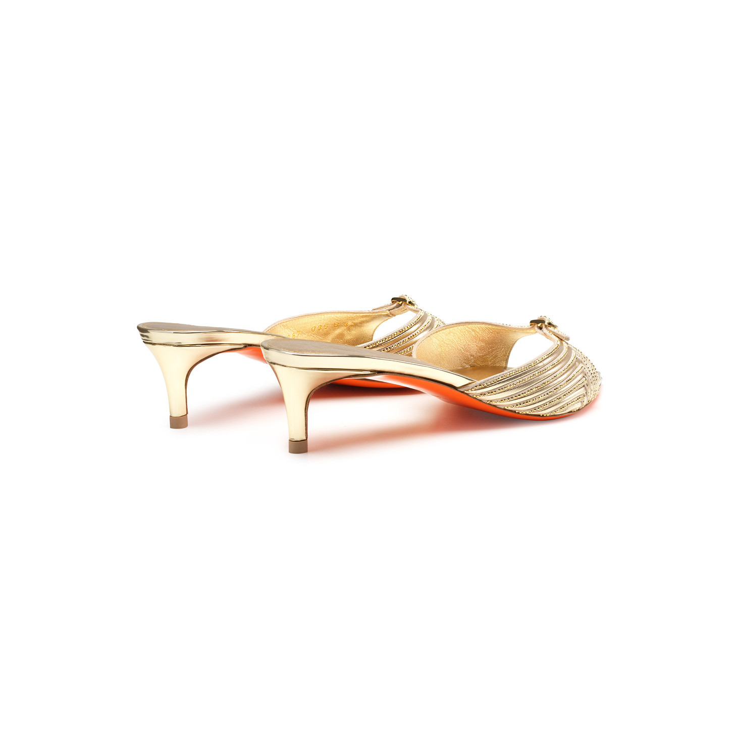 Women's gold leather and crystal mid-heel Meraviglia Collection sandal - 4