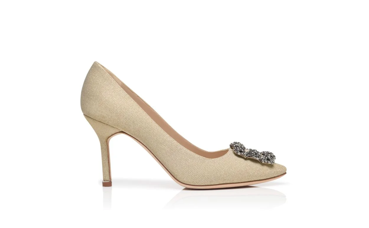 Gold Glitter Fabric Jewel Buckle Pumps - 1