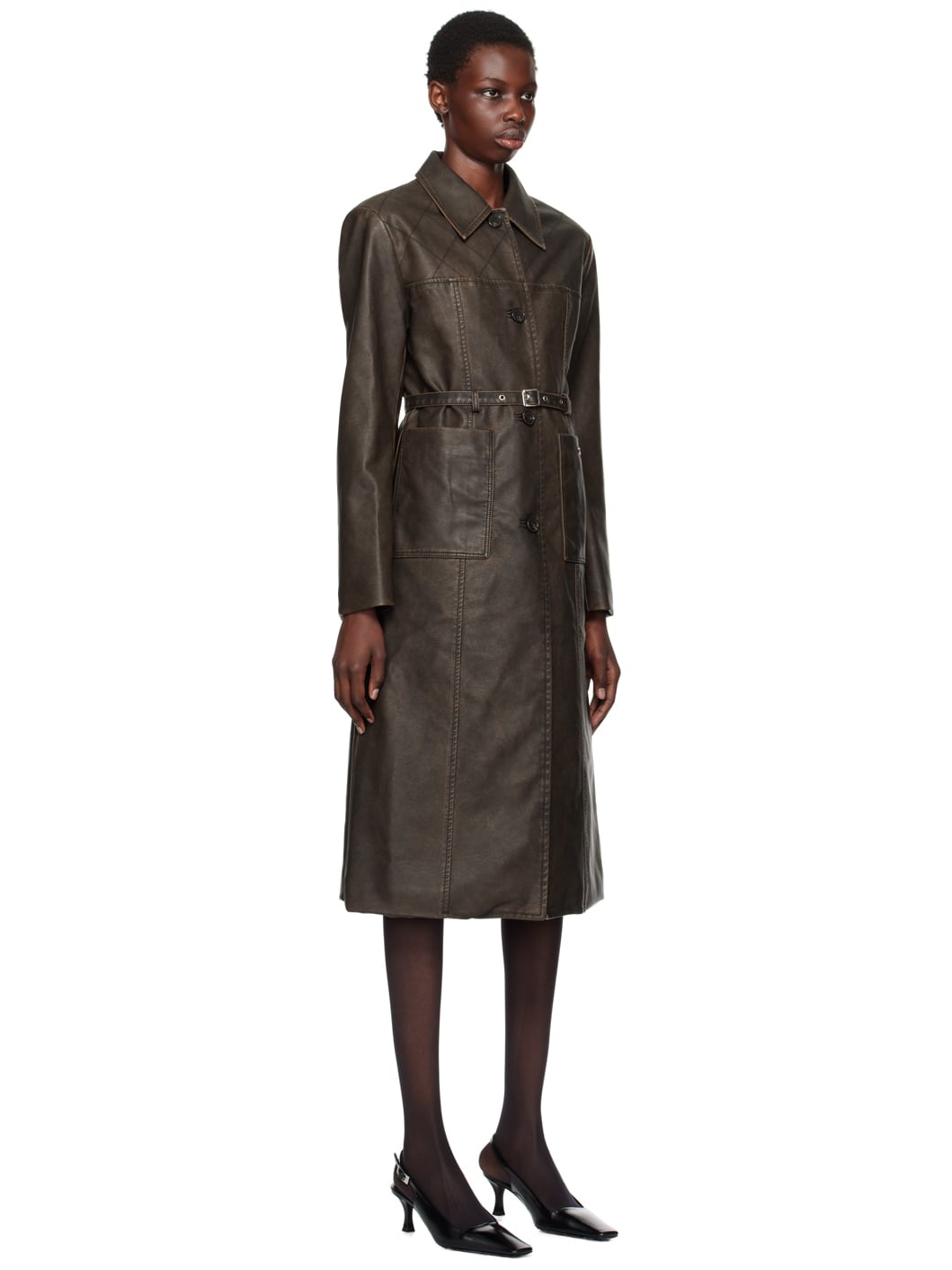Brown Stitched Faux-Leather Coat - 2
