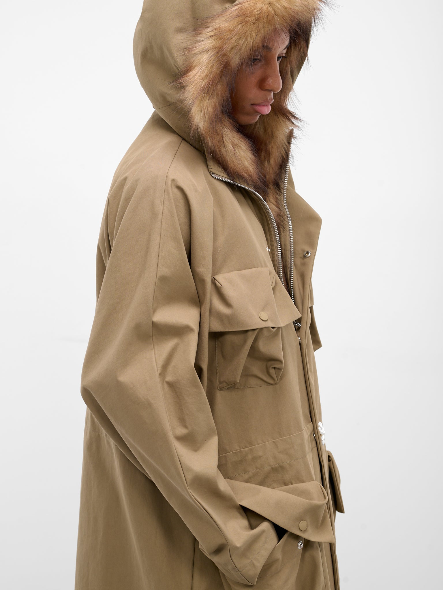 Beige Fur Lined Fishtail Parka - 4