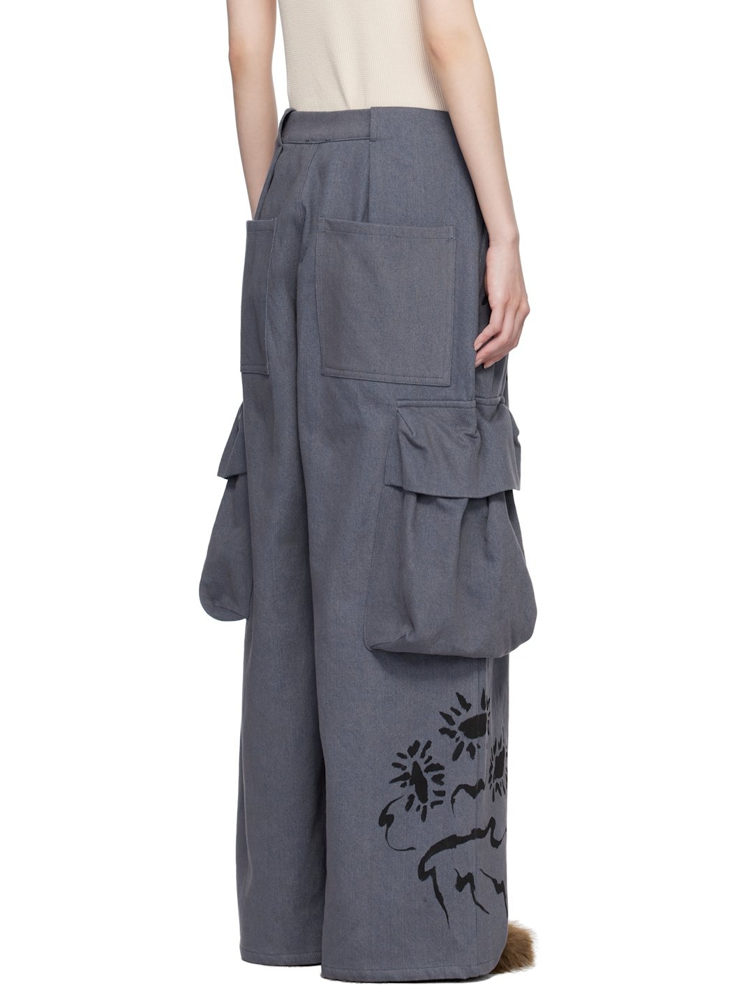 Blue Pleated Denim Cargo Pants - 3