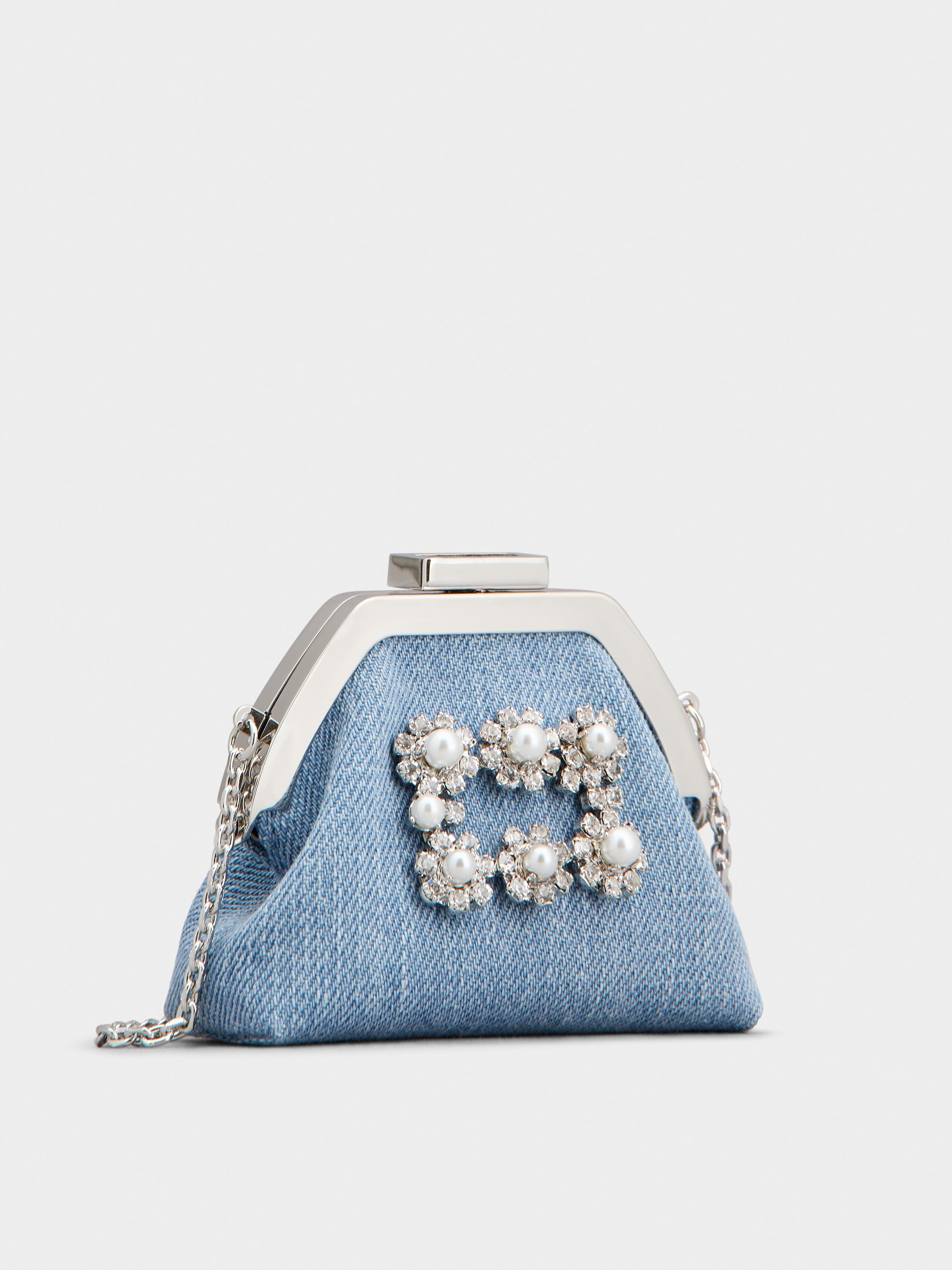 Flower Strass Pearl Buckle Coin Purse in Denim - 2