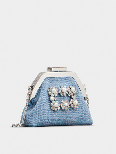 Roger Vivier Flower Strass Pearl Buckle Coin Purse in Denim outlook