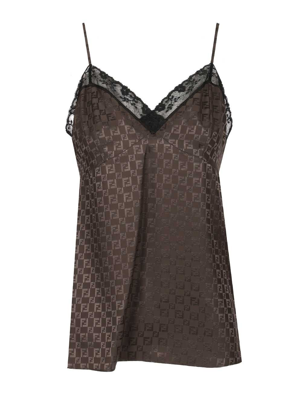 Silk Chess Ff With Lace Lingerie Top Tops Brown - 1