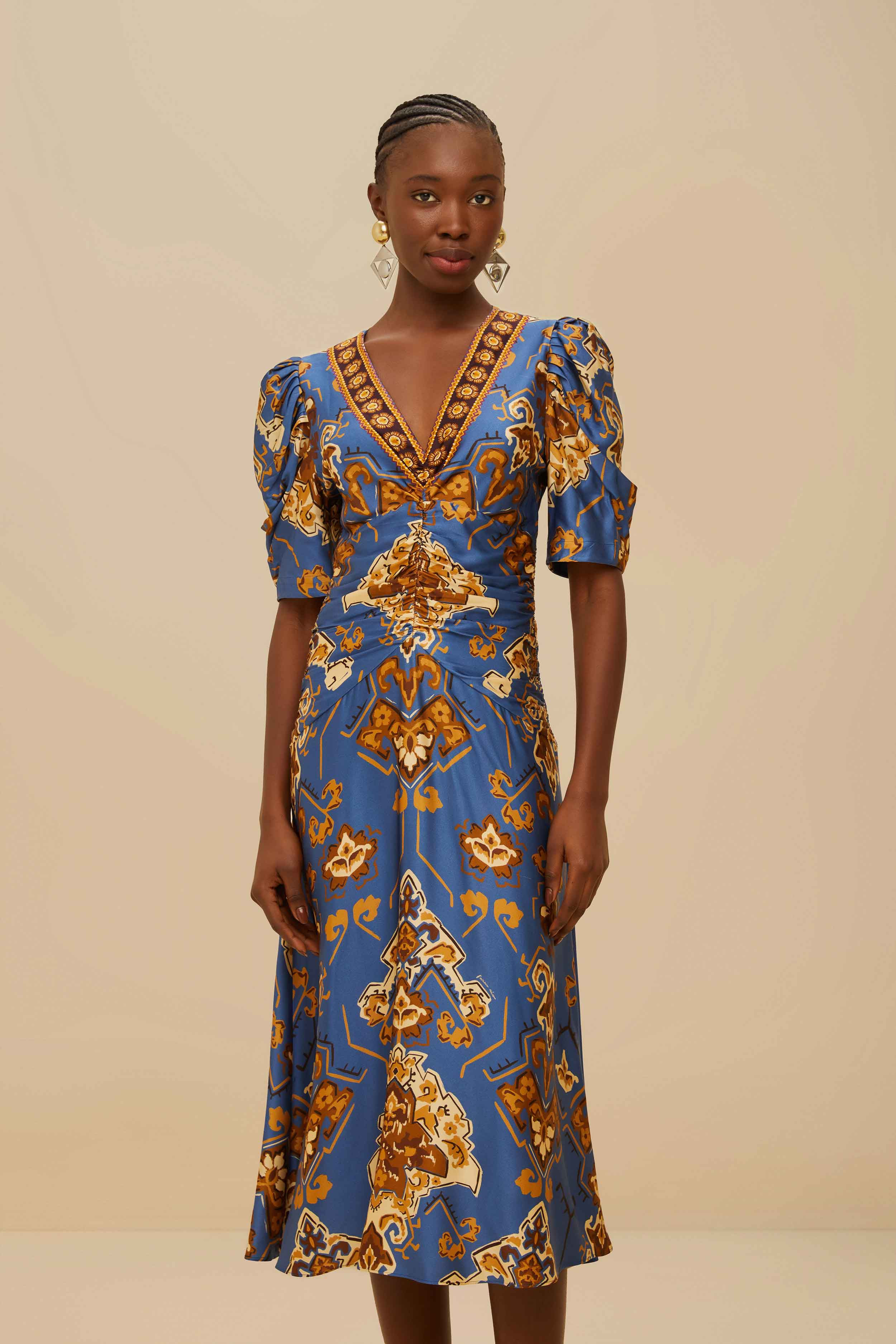 Blue Ornament Floral Midi Dress - 3