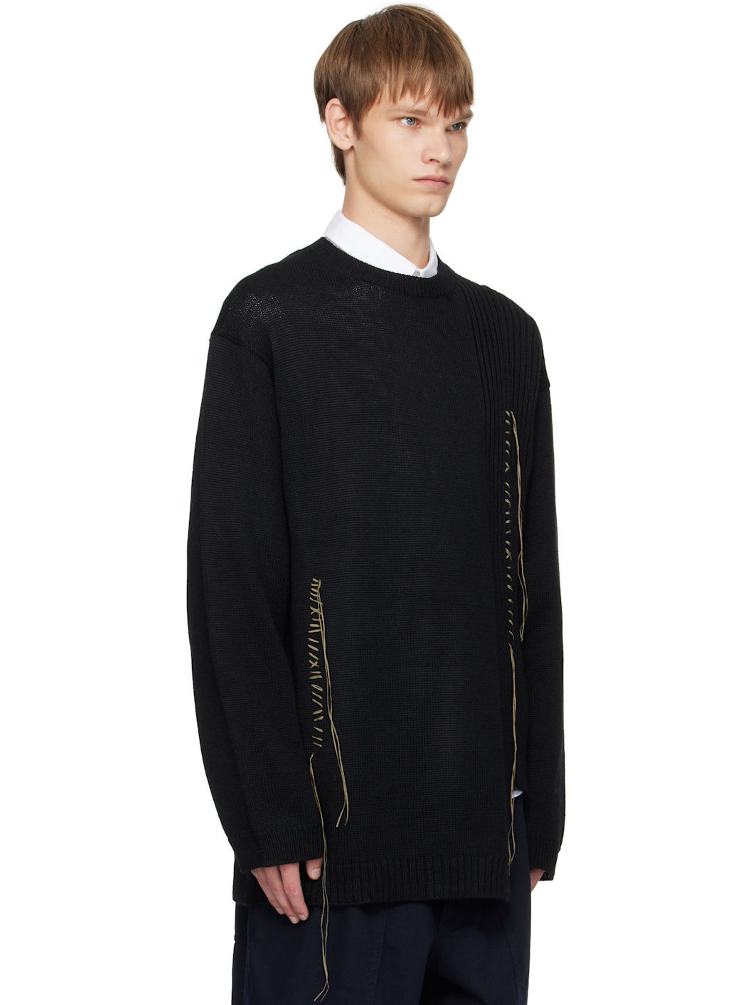 Black Plain Stitch Embroidery Round Neck Sweater - 2