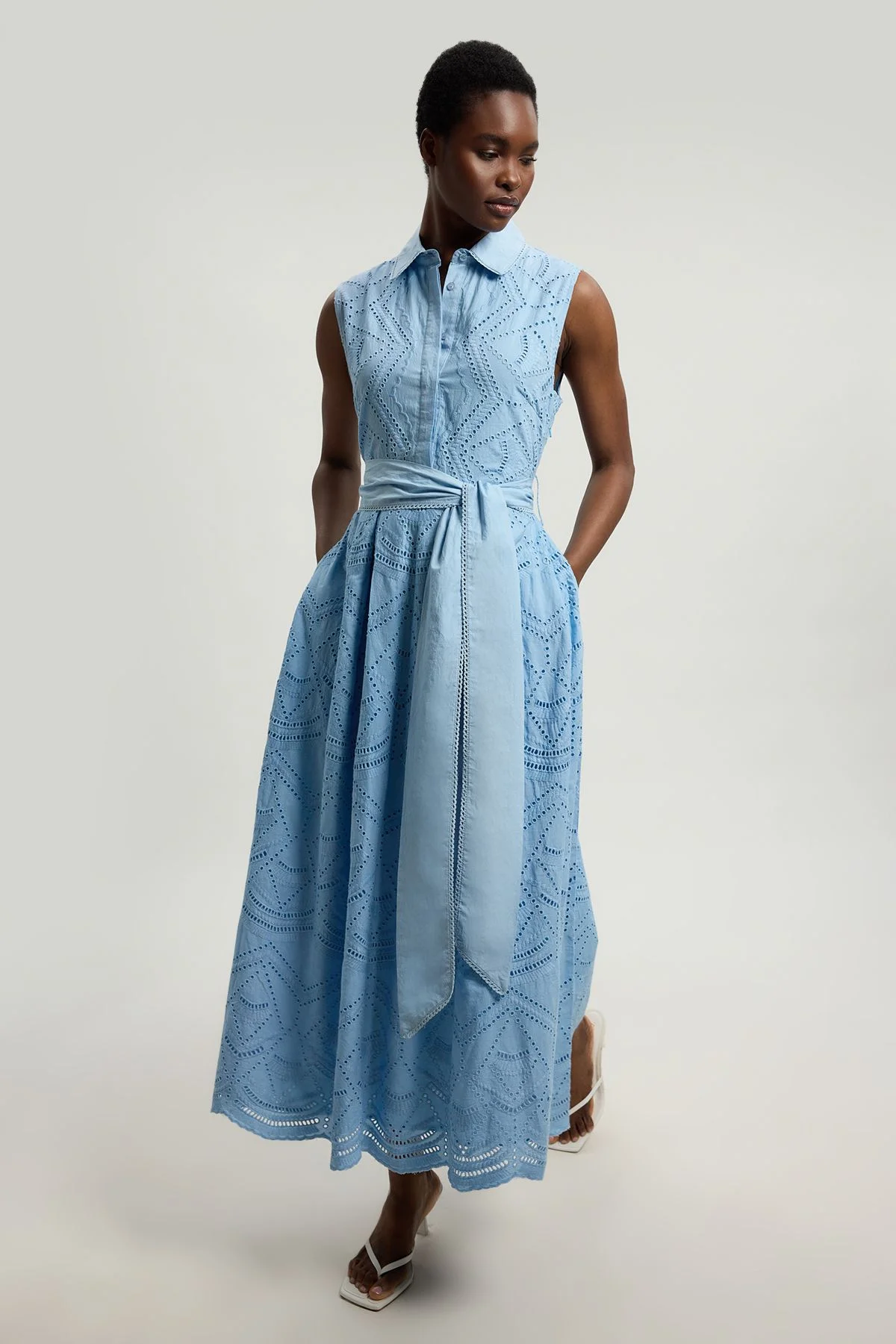 Petite Cotton Broderie Scalloped Hem Sleeveless Shirt Dress - 1