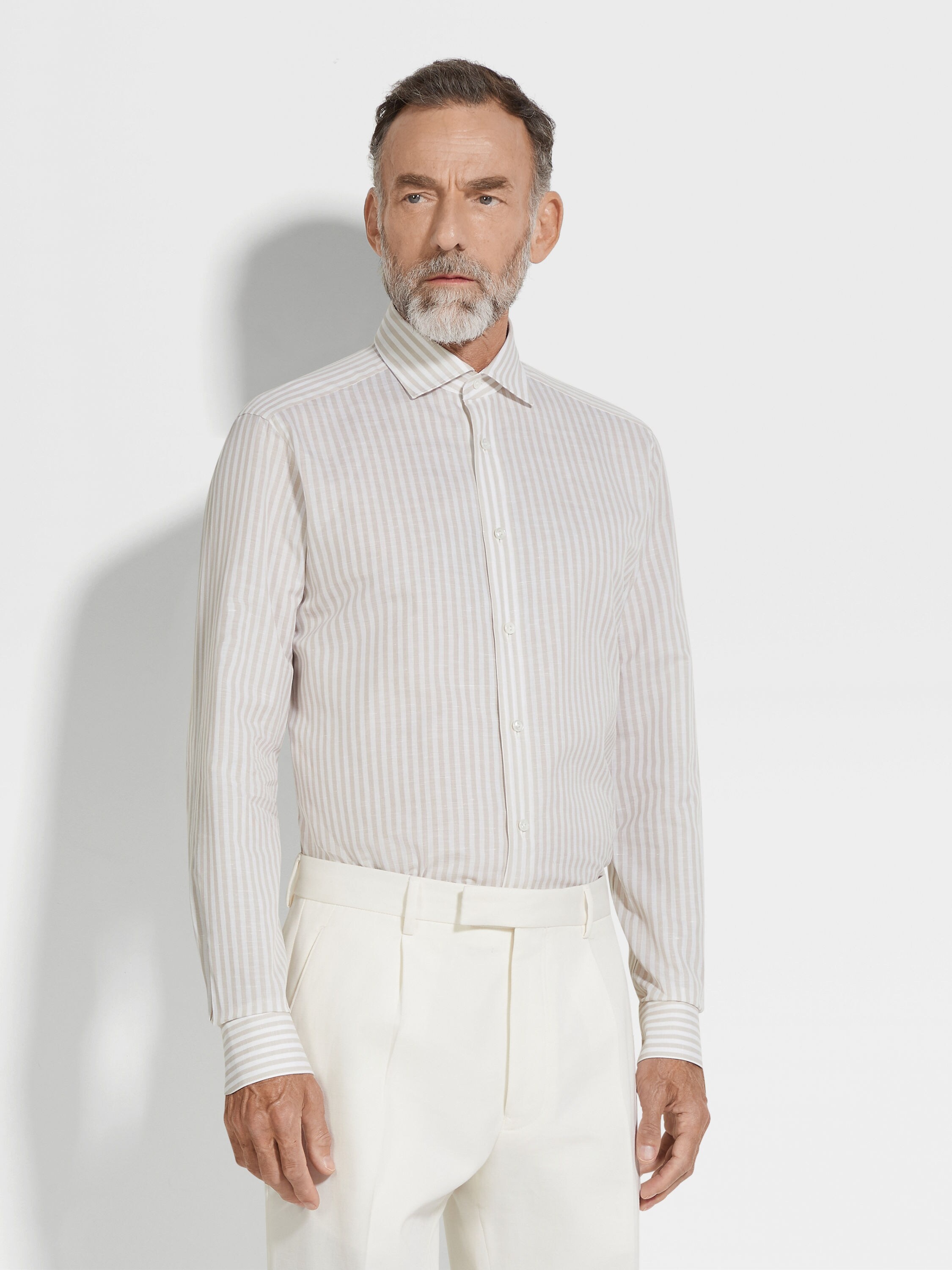 WHITE AND LIGHT TAUPE MACRO-STRIPED CENTOVENTIMILA COTTON AND LINEN SHIRT - 4