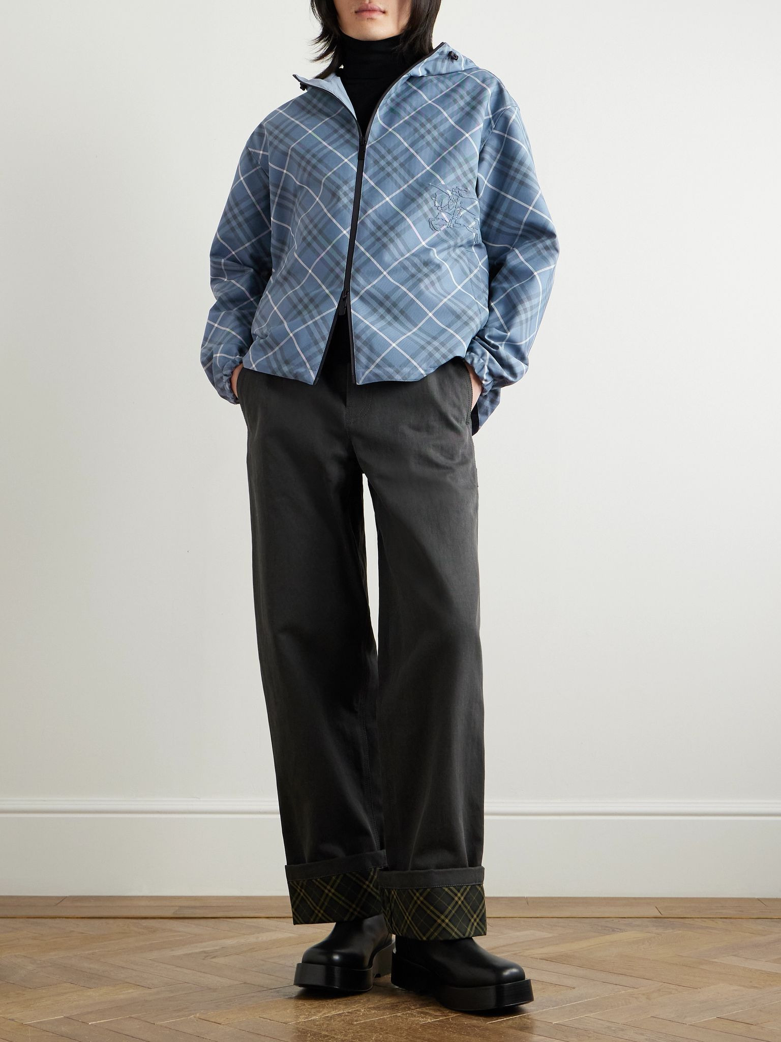 Oversized Reversible Logo-Appliquéd Checked Gabardine and Nylon Hooded Jacket Navy - 2