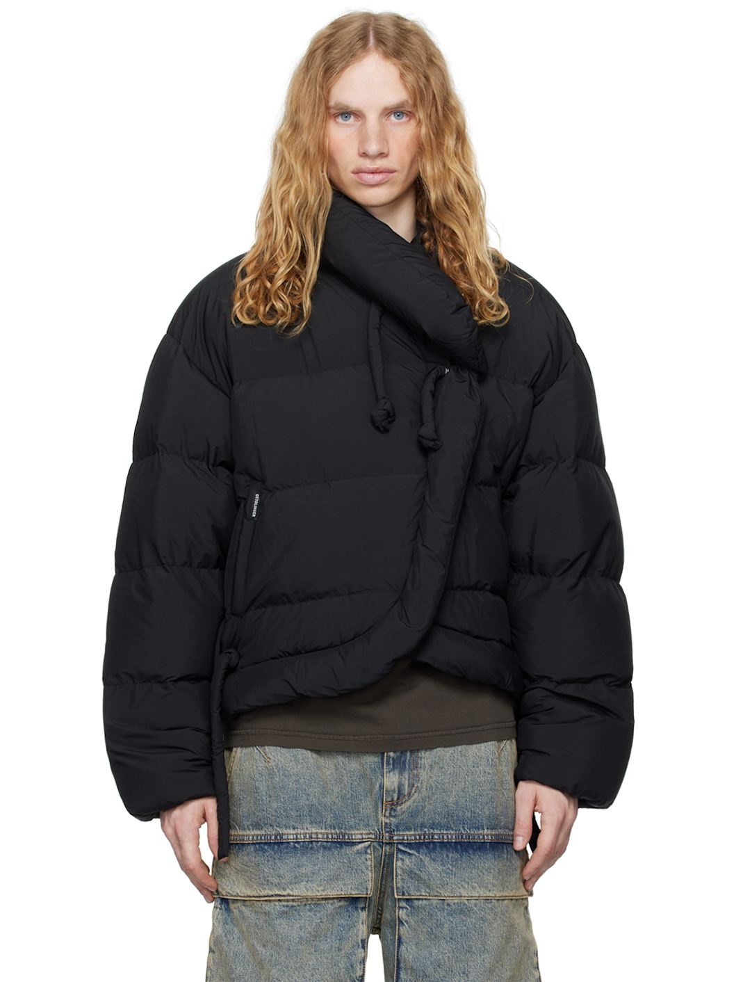 Black Strappy Puffer Down Jacket - 1