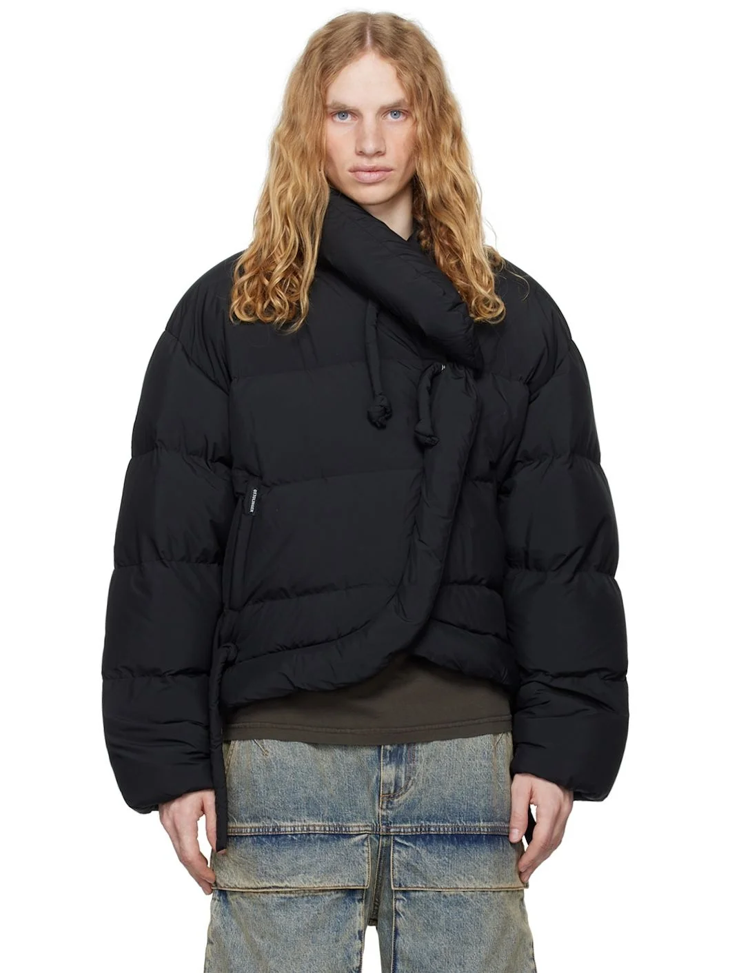 Black Strappy Puffer Down Jacket - 1