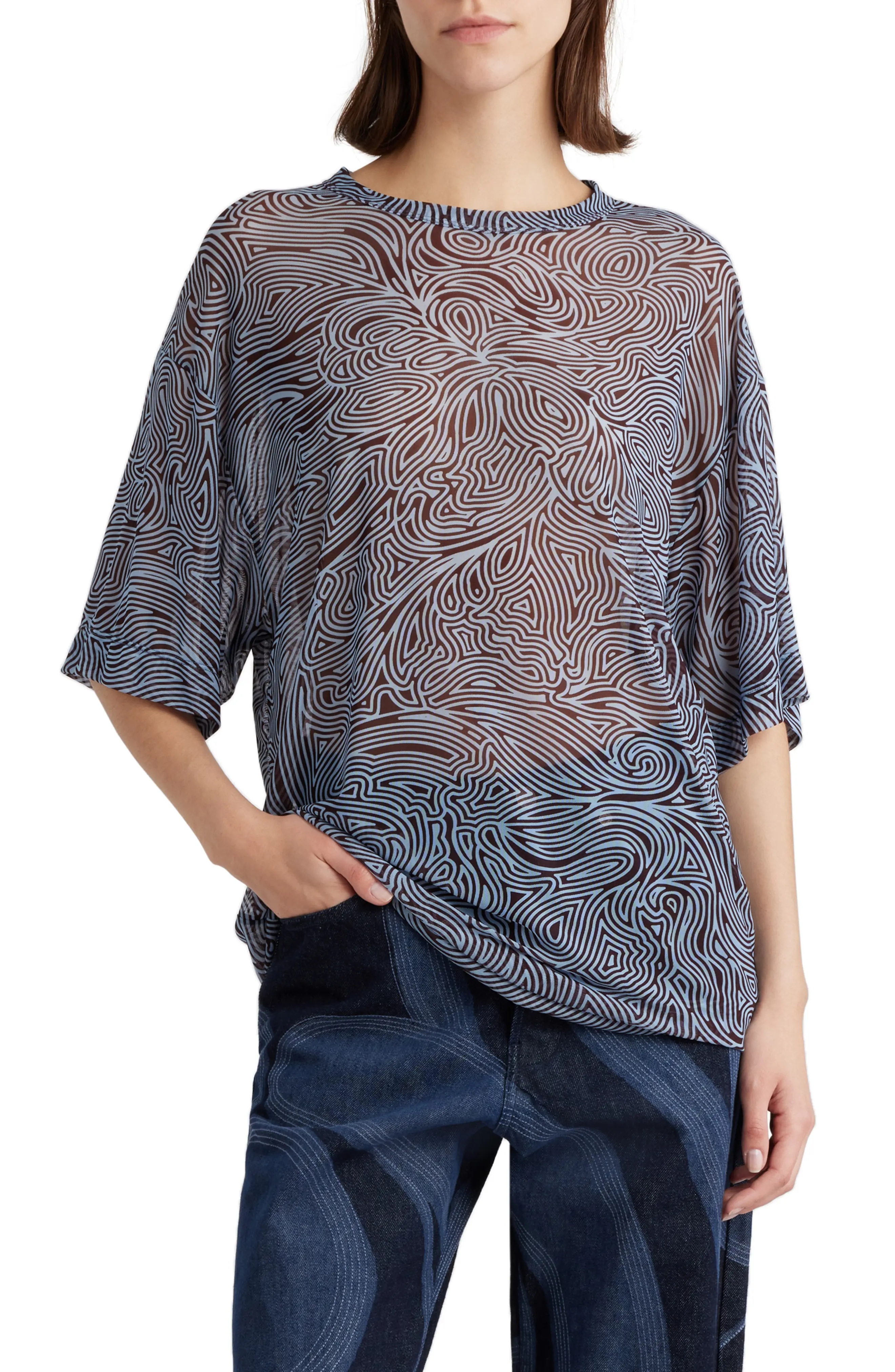 Abstract Print Sheer Mesh Top - 1