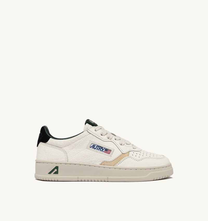 MEDALIST LOW SNEAKERS IN WHITE TEXTURED LEATHER WITH GREEN BLACK AND BEIGE DETAILS 1