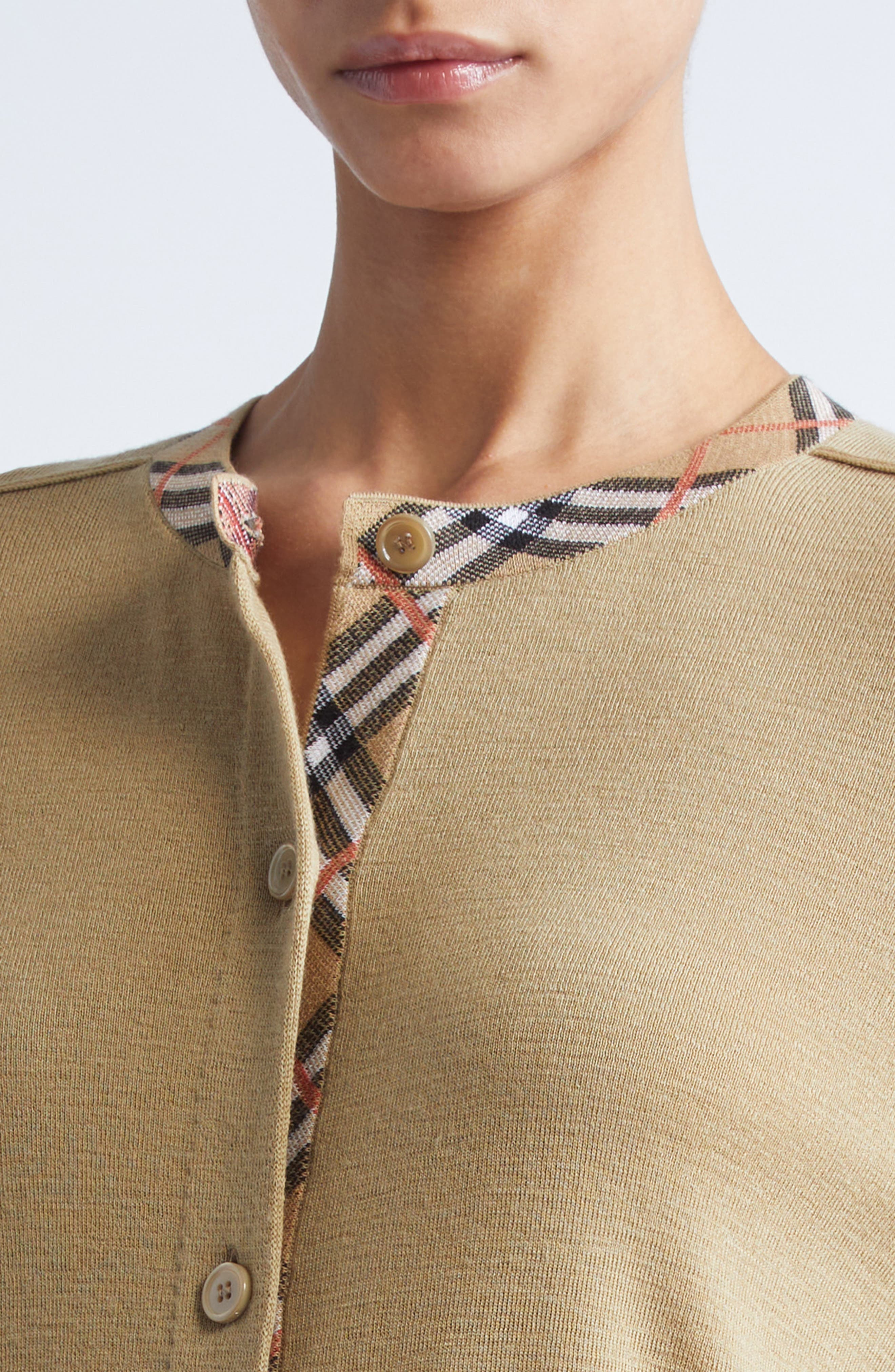 burberry Check Trim Wool Cardigan in Flax at Nordstrom - 4