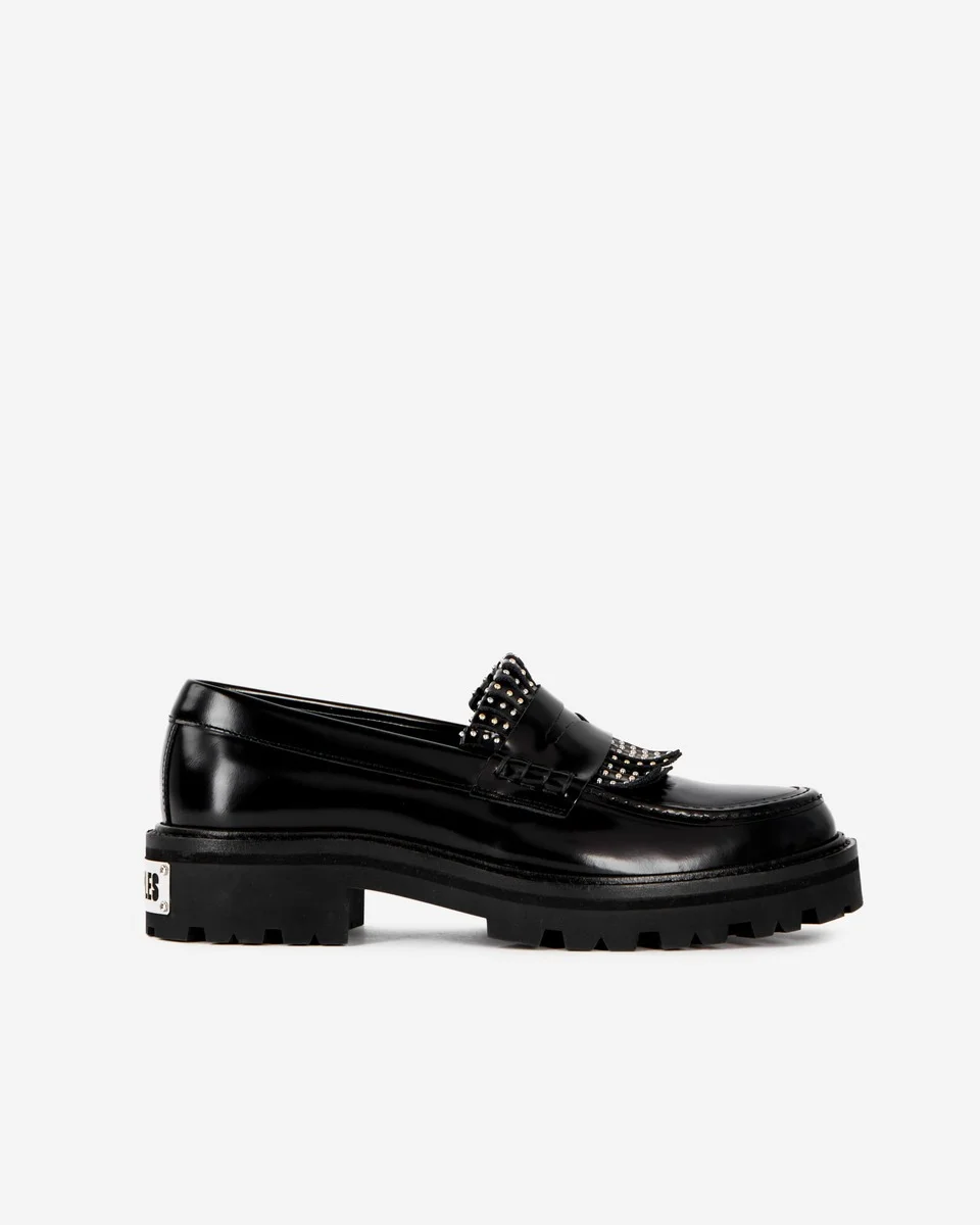 PENNY LOAFERS IN BLACK LEATHER WITH FRINGES AND STUDS - 1