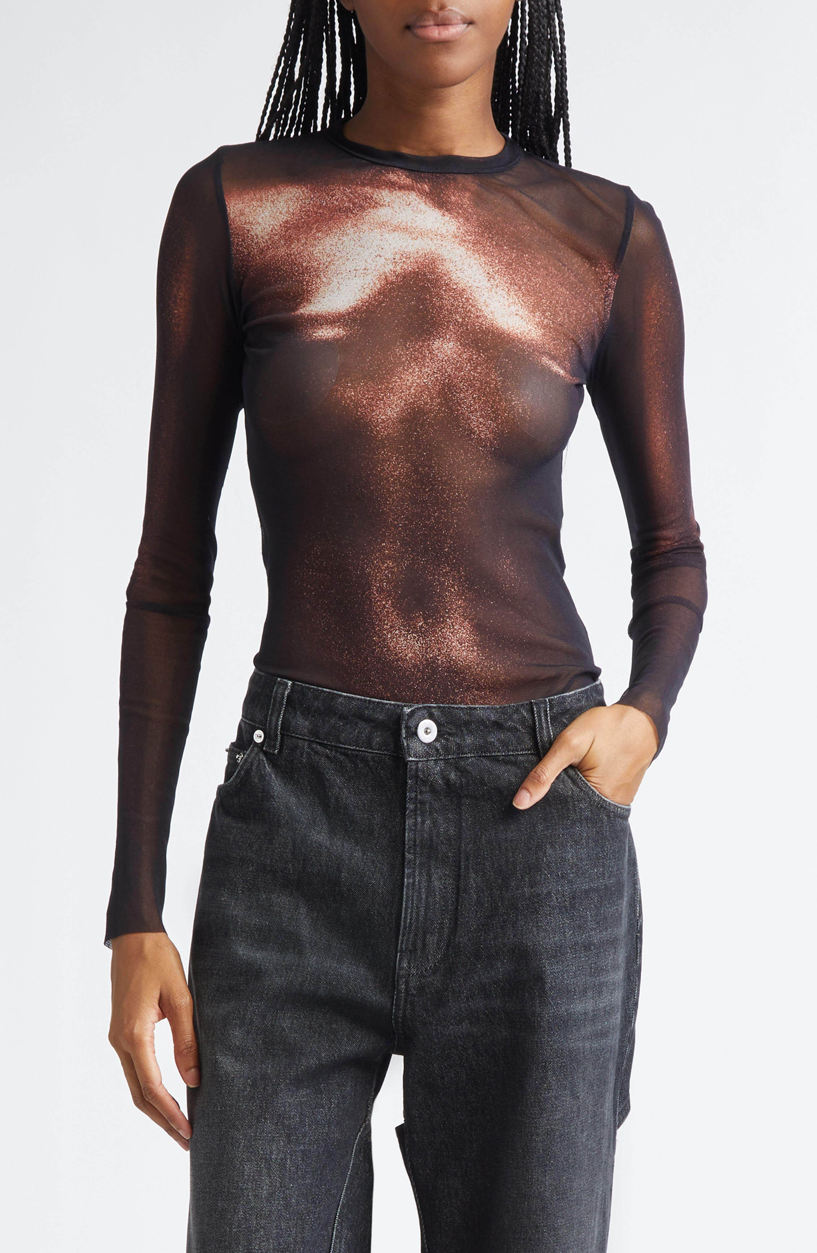 Jean Paul Gaultier Body Dust Print Mesh Top in Black/Brown at Nordstrom - 1