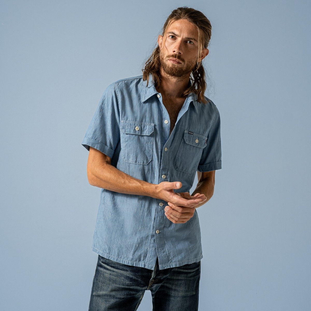 IHSH-388-BLU 4oz Selvedge Short Sleeved Summer Shirt - Blue - 4