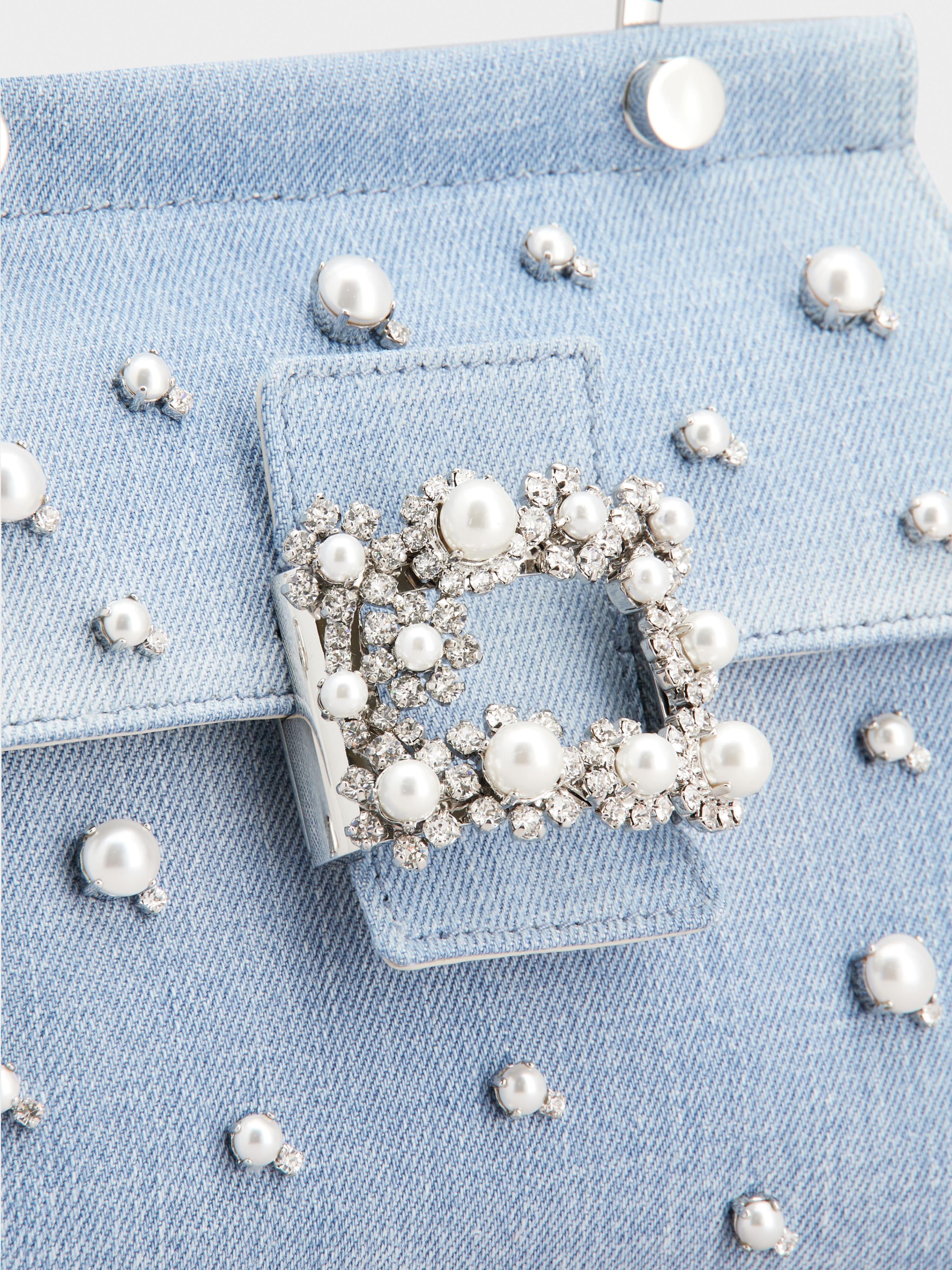 Viv' Cabas Jewel Flower Strass Pearl Buckle Mini Bag in Denim - 7