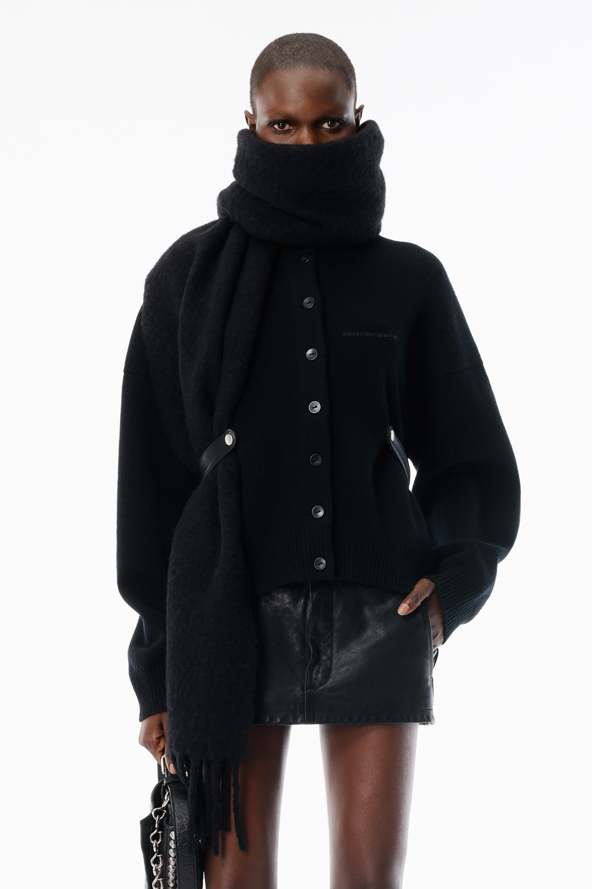 Black Wool-Cotton Draped Back Cardigan - 2