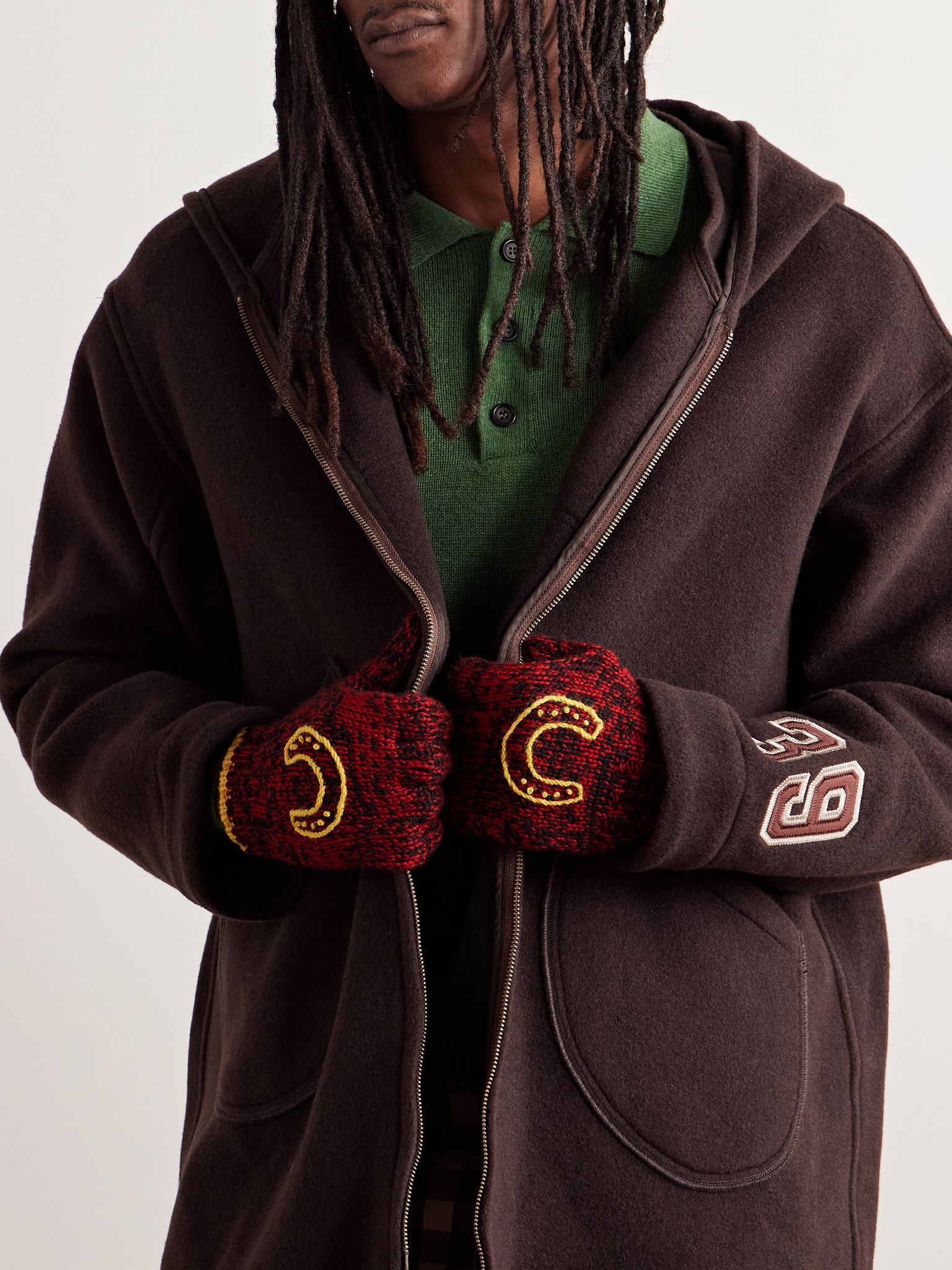 Embroidered Merino Wool Gloves Red - 2