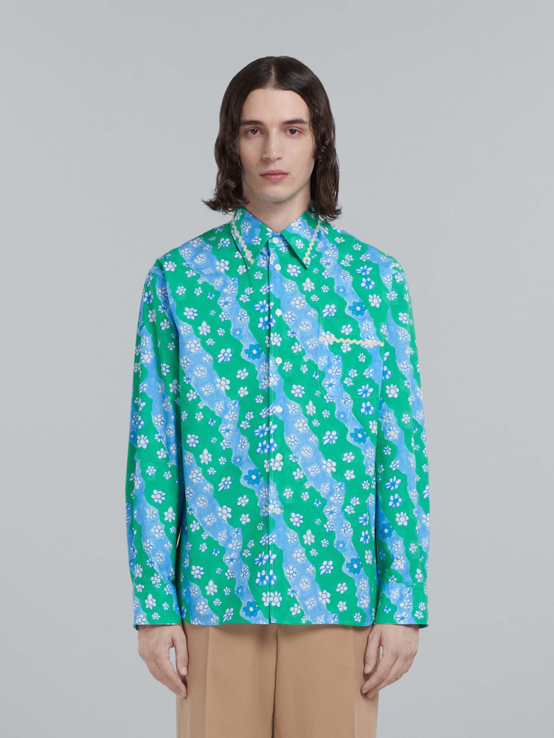 POPLIN SHIRT WITH GREEN STRIPY FLOWER PRINT - 2