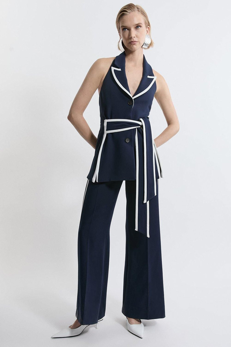 Compact Stretch Contrast Tipped Belted Wide Leg Tailored Jumpsuit 1