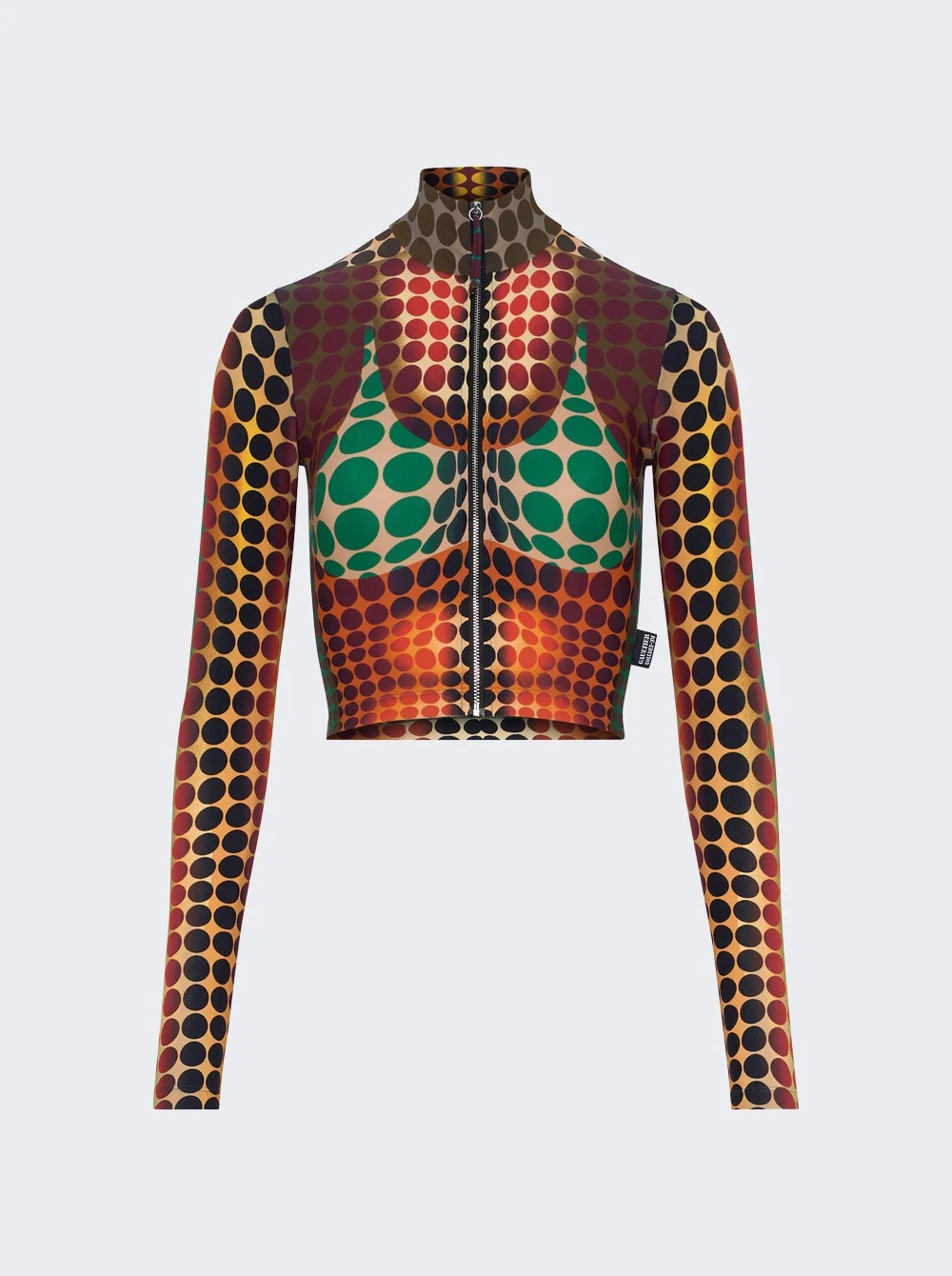 Re-edition: Cropped Zip-up Long Sleeve Top Brown Dots Print - 1