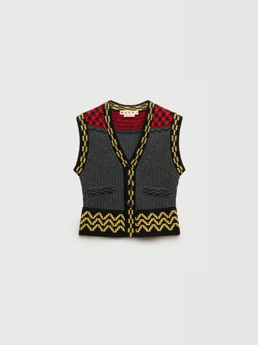 GREY WOOL BUTTON VEST WITH GEOMETRIC MOTIF - 1