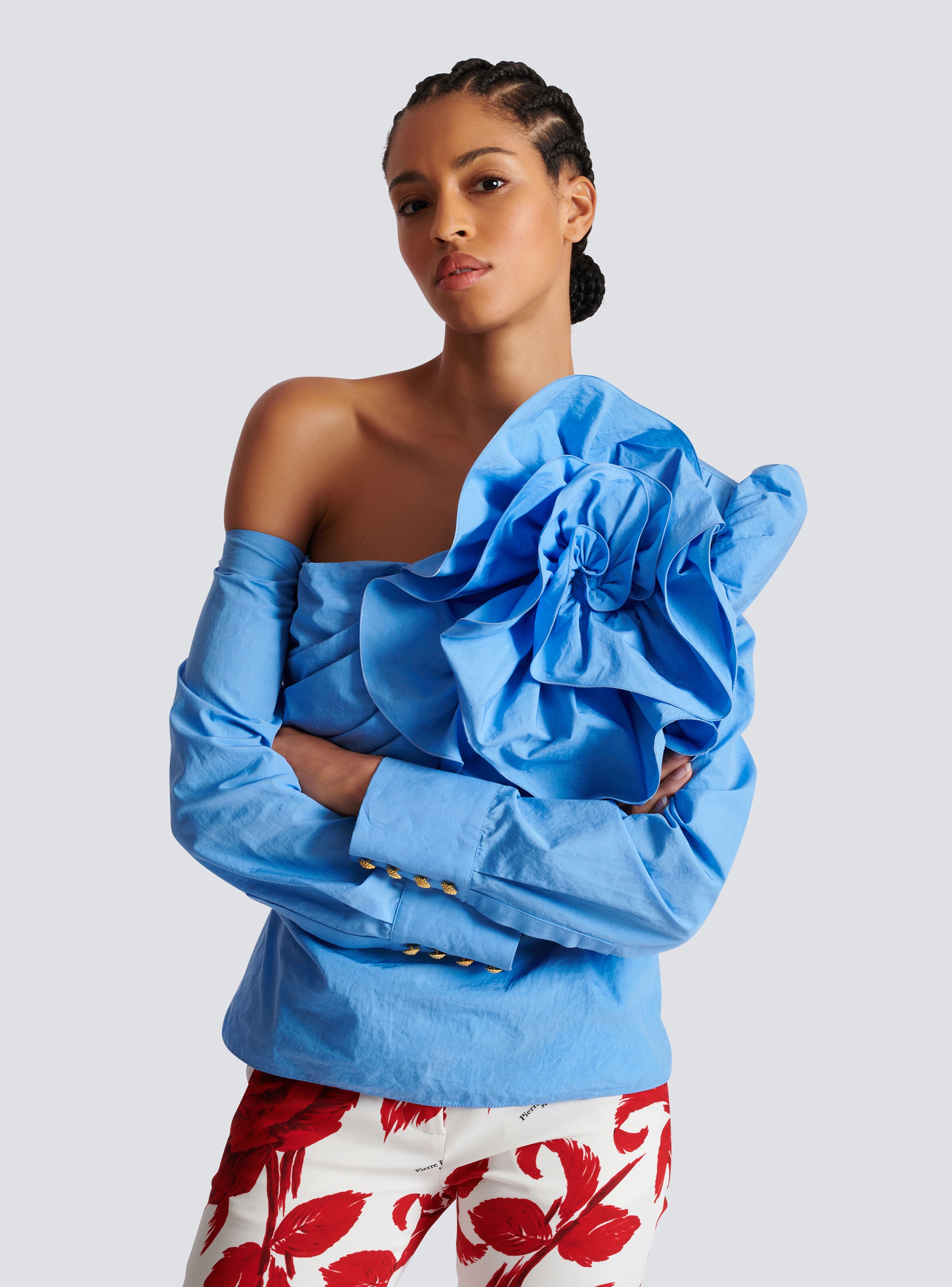 Asymmetric poplin shirt with rose - 7
