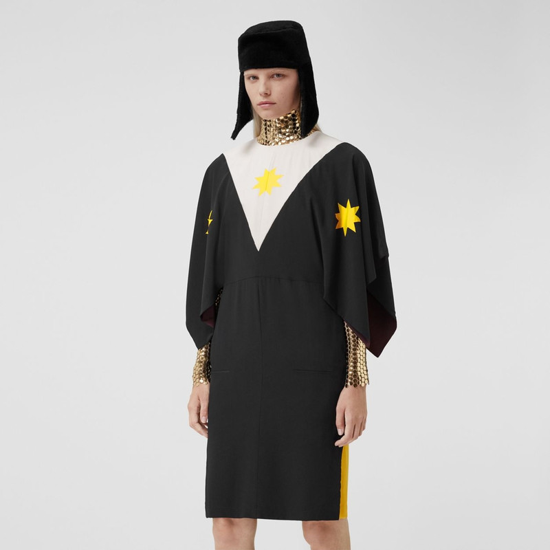 Cape Sleeve Geometric Print Silk Crepe de Chine Dress 4