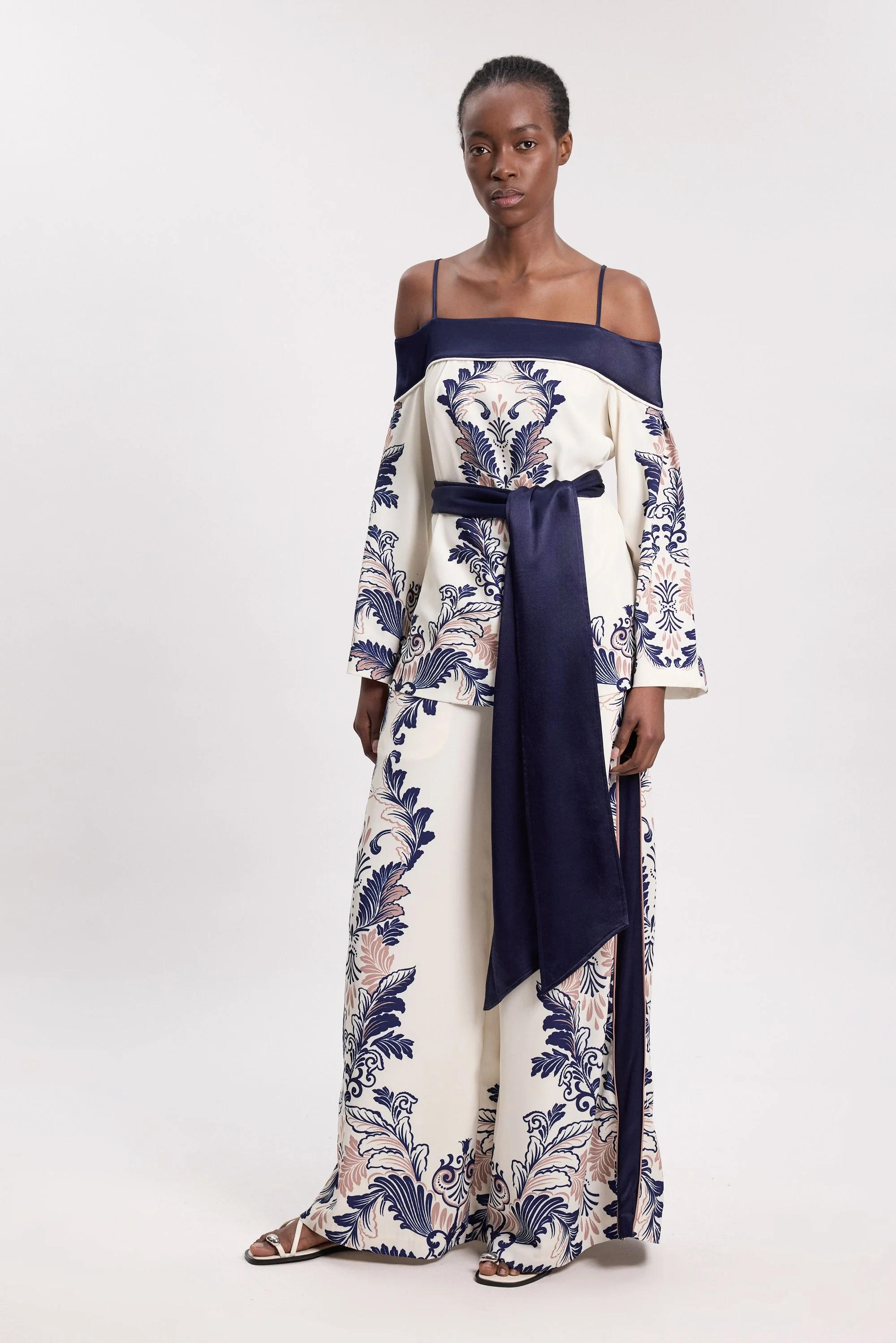 Scarf Print Belted Woven Bardot Top - 1
