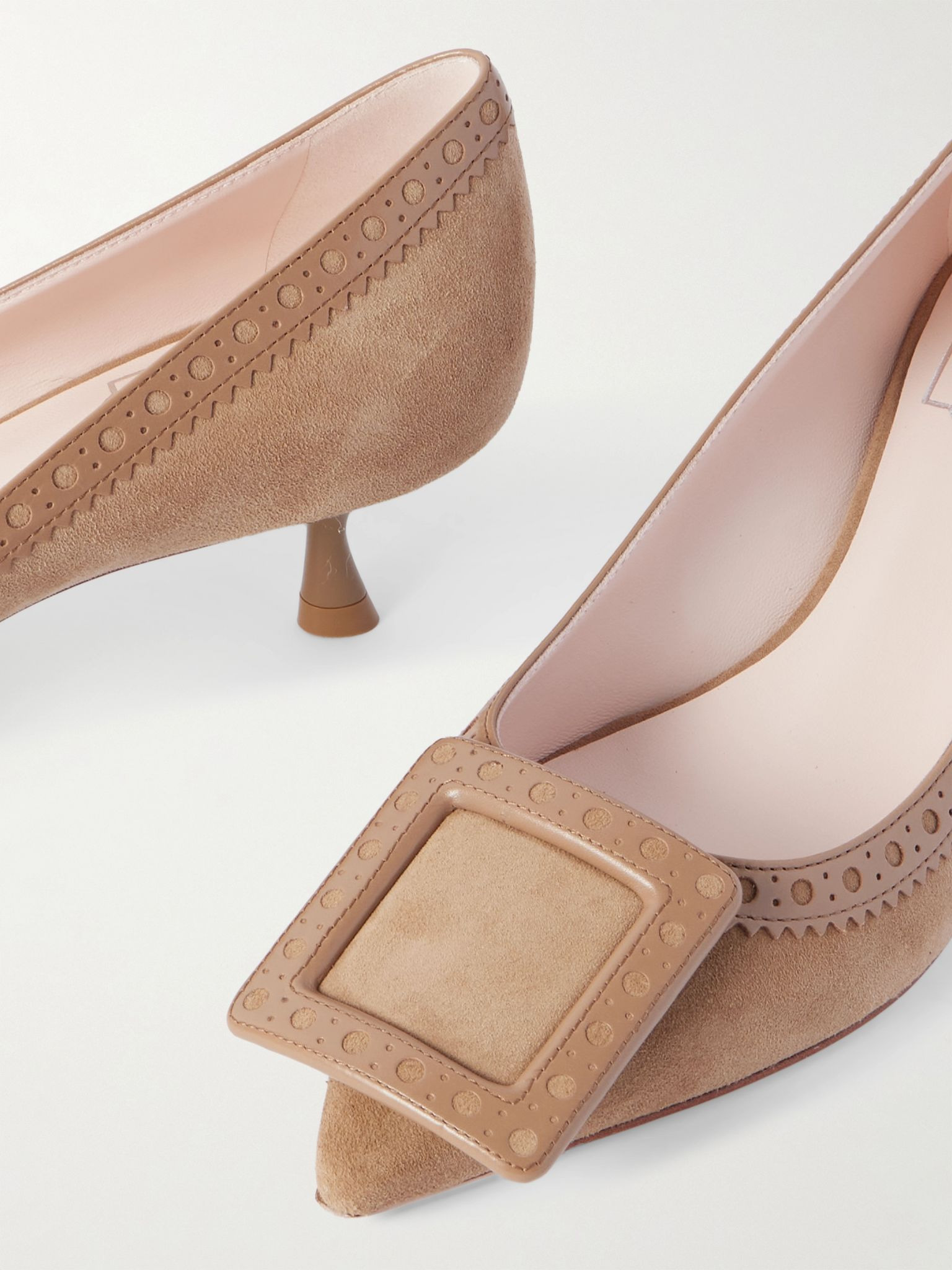 Viv In The City 45 perforated leather-trimmed suede pumps Tan - 4