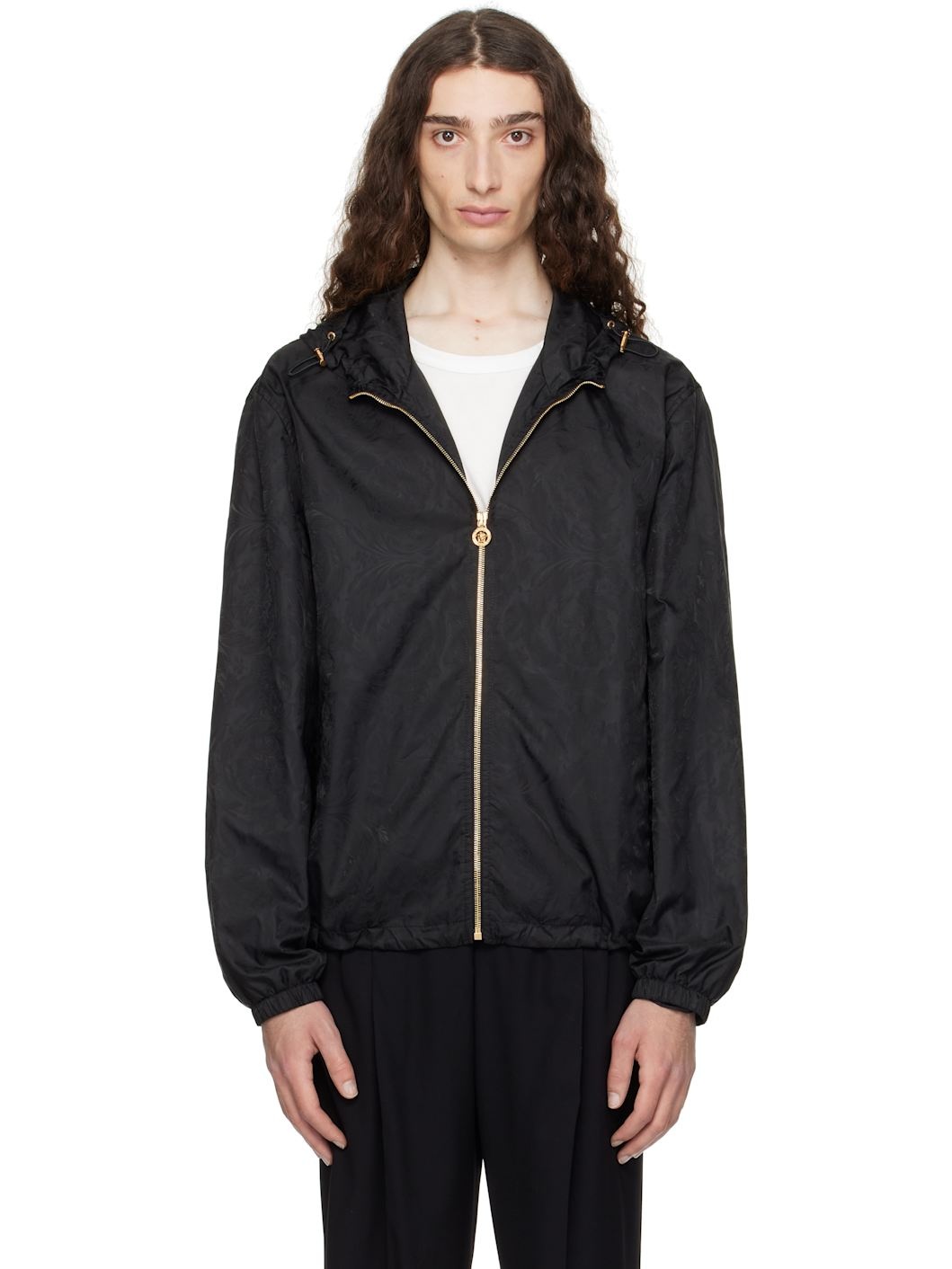 Black Barocco Jacquard Windbreaker Jacket - 1