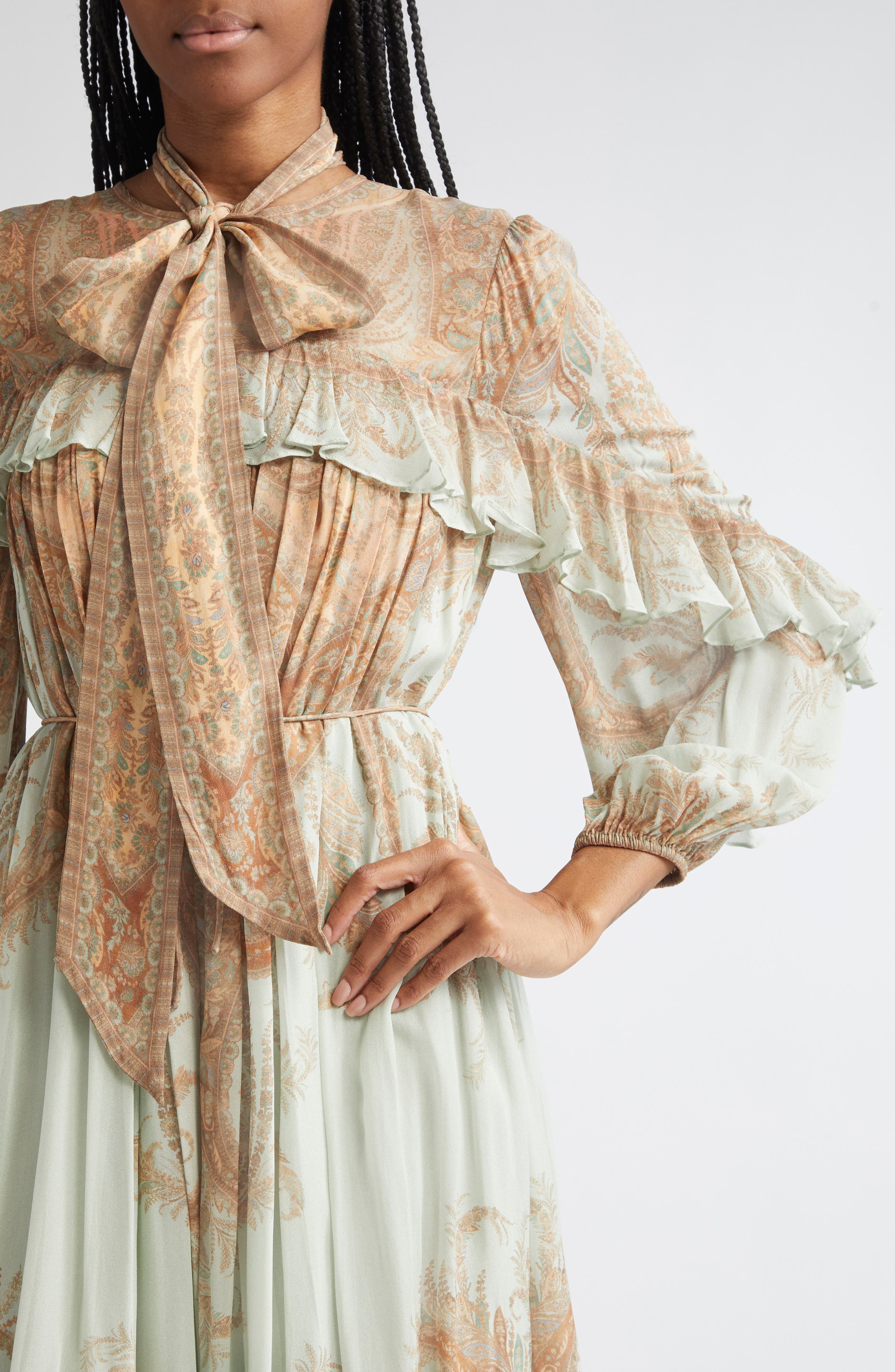 Zimmermann Memento Flutter Paisley Long Sleeve Midi Dress in Mint Paisley at Nordstrom - 4