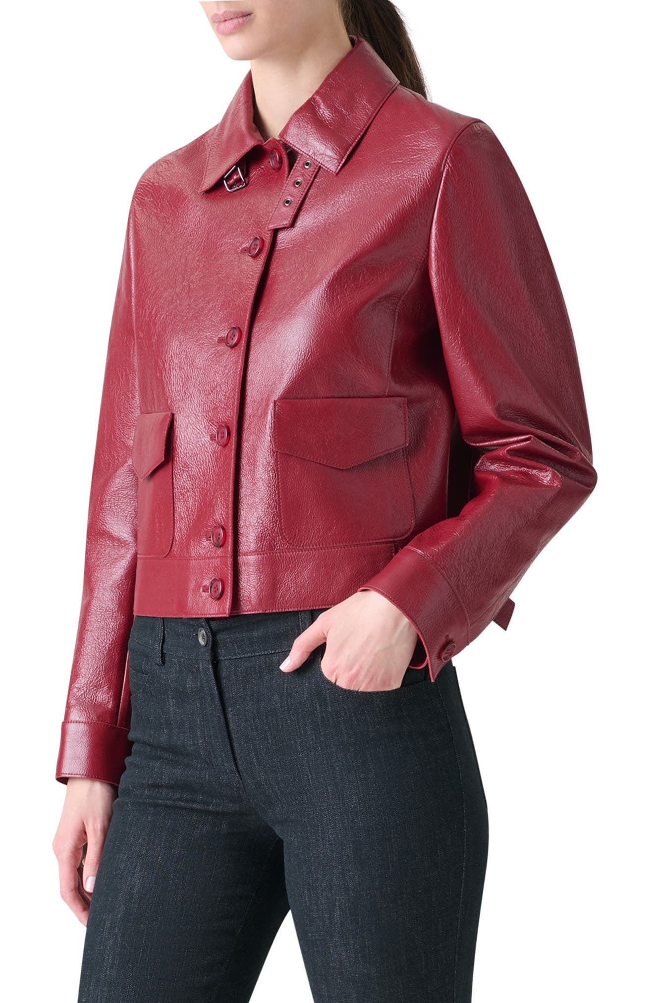 Akris Peer Lacqured Leather Crop Jacket in Ruby Red at Nordstrom - 3