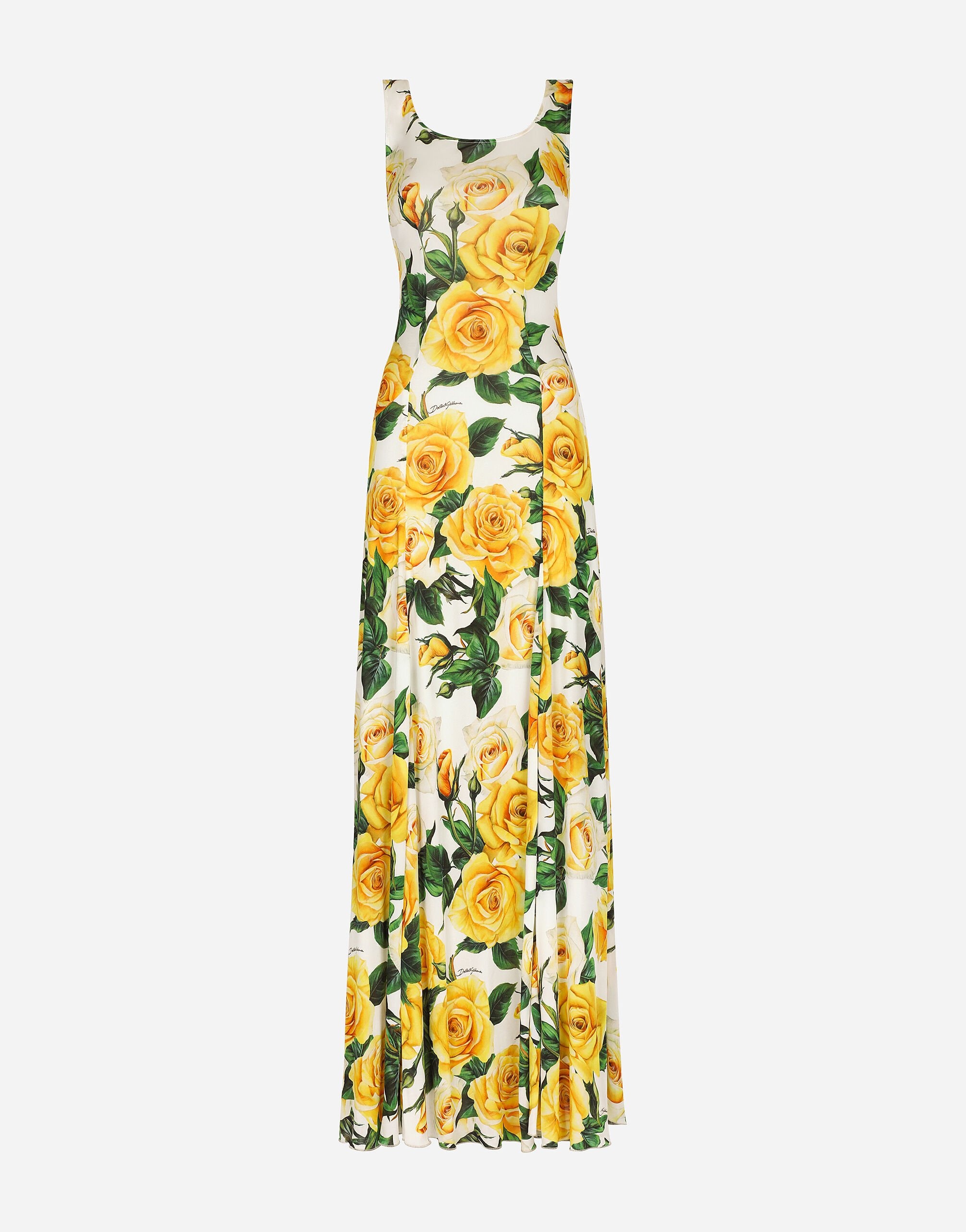 Long organzine round-neck dress with yellow rose print - 1