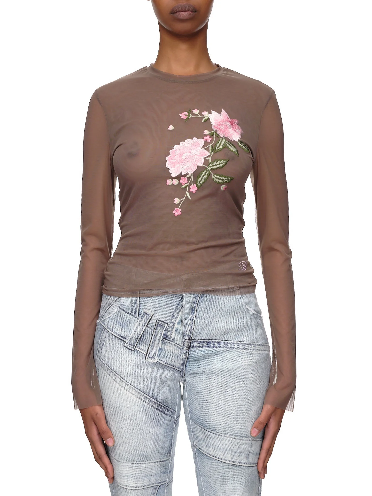 Long Sleeve Embroidered Blouse - 1