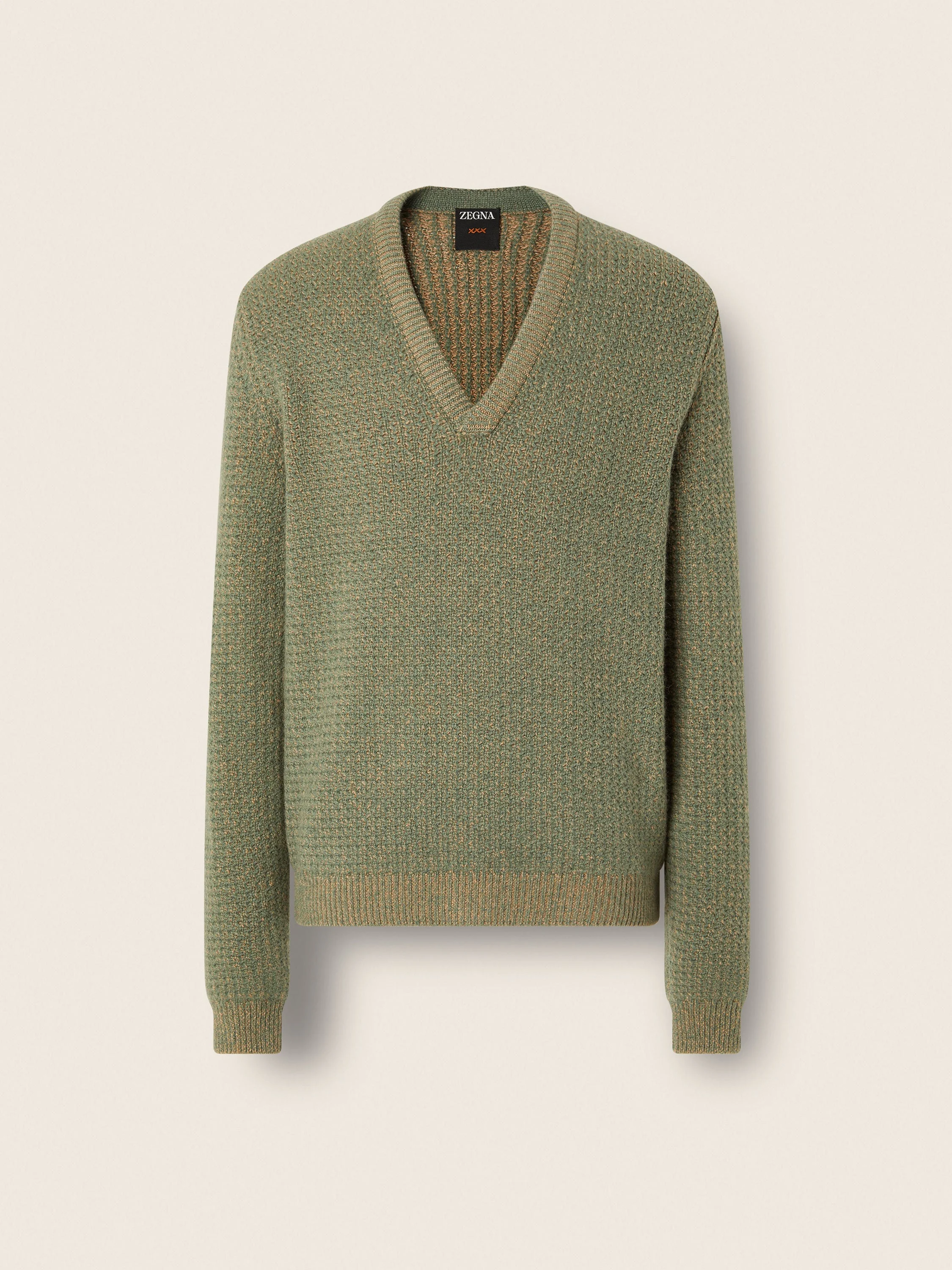BEIGE AND LIGHT GREEN CAMEL AND CASHMERE V-NECK - 1