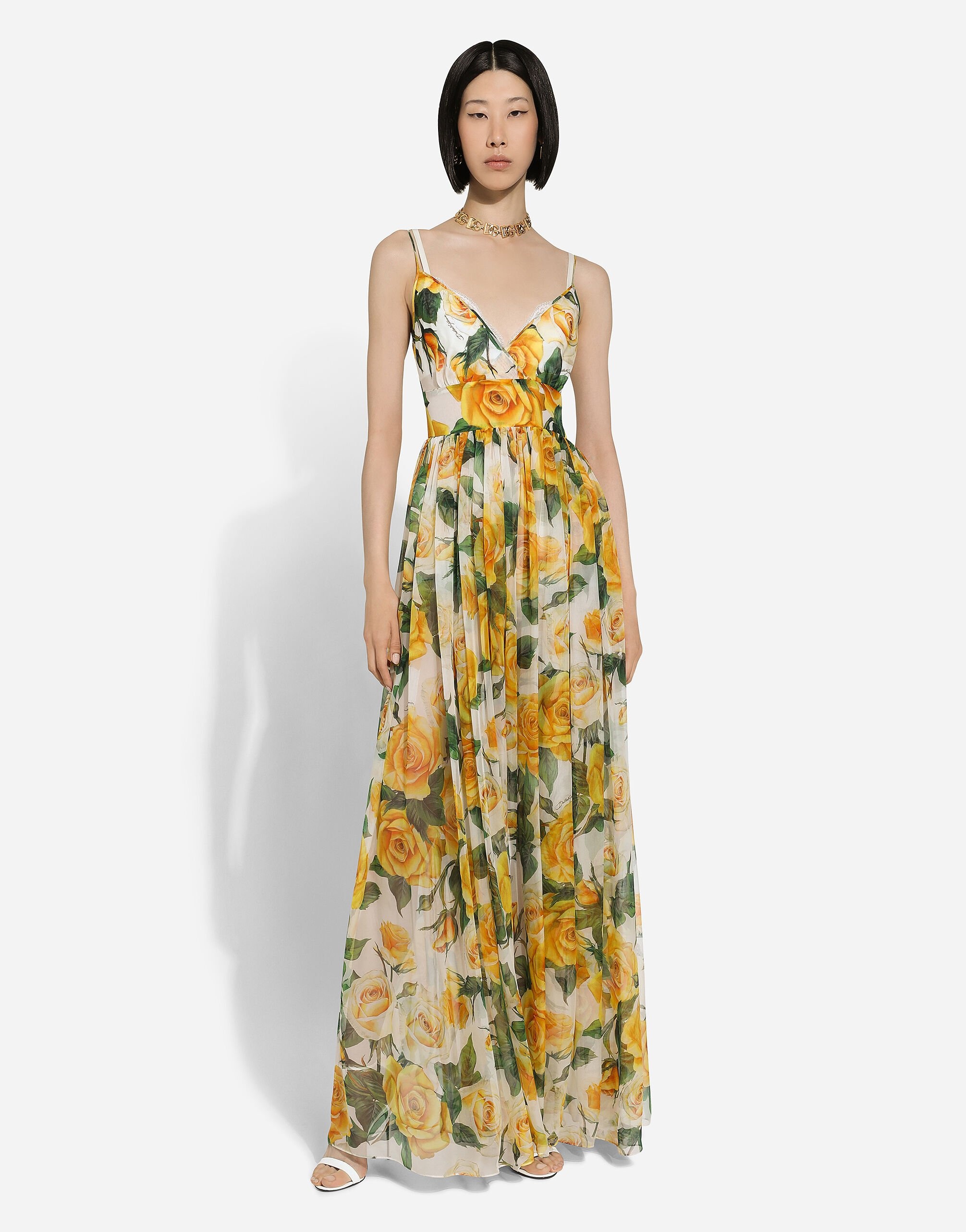 Long silk chiffon dress with yellow rose print - 2