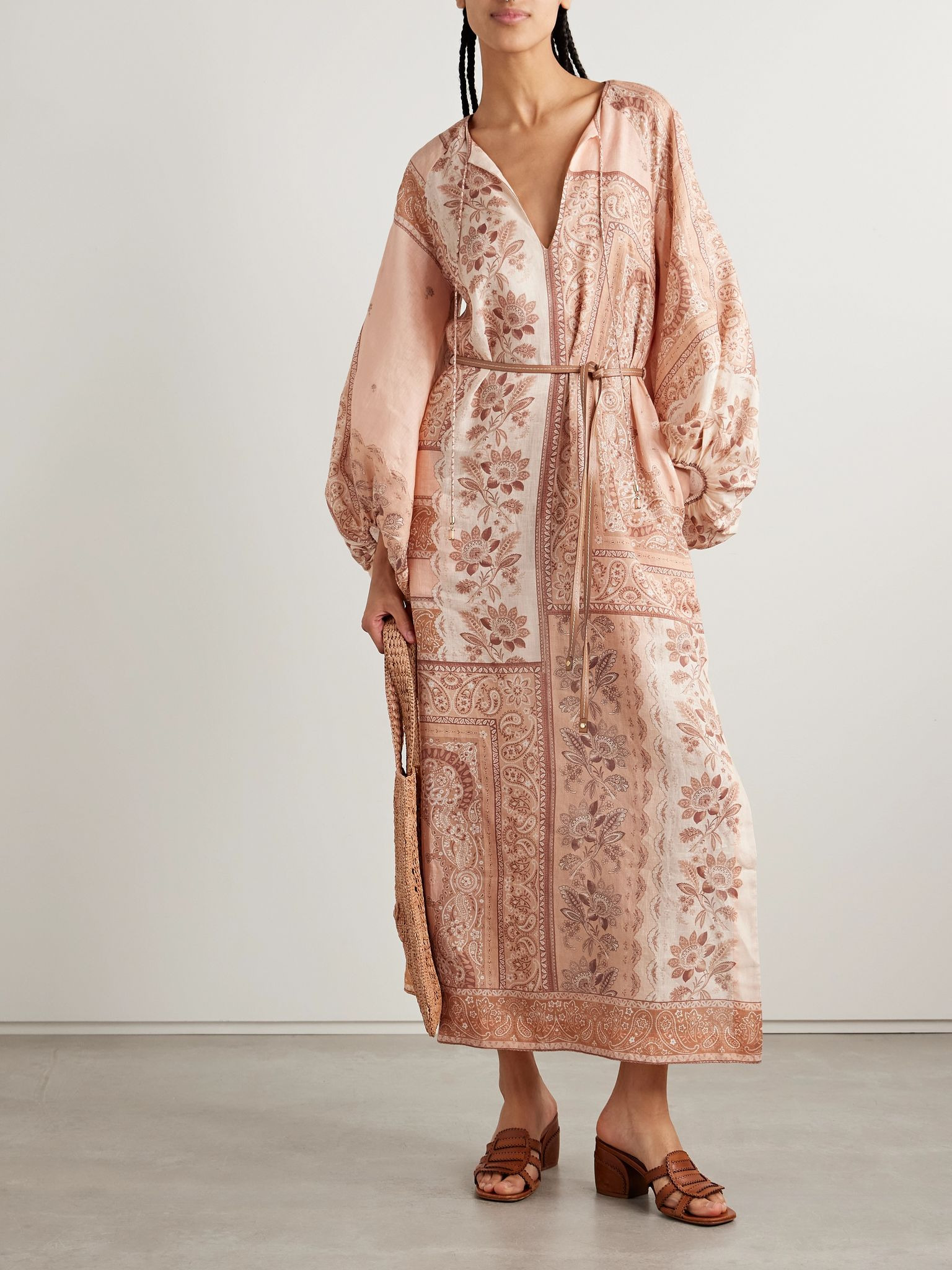 Lucky leather-trimmed belted paisley-print linen midi dress Orange - 2