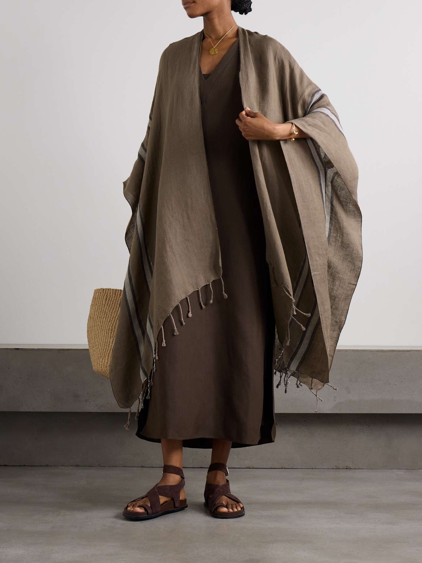 Striped fringed linen cape - 2