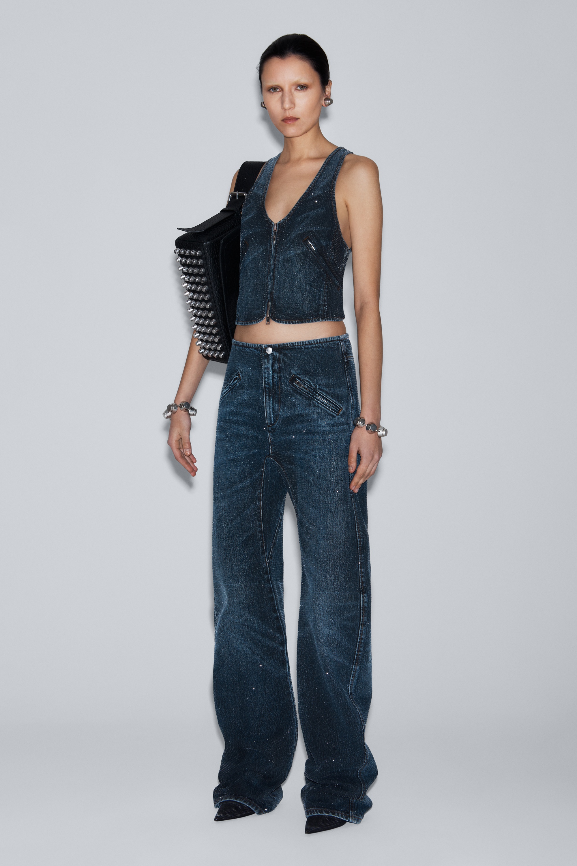 clear crystal hotfix vest in cotton denim - 3
