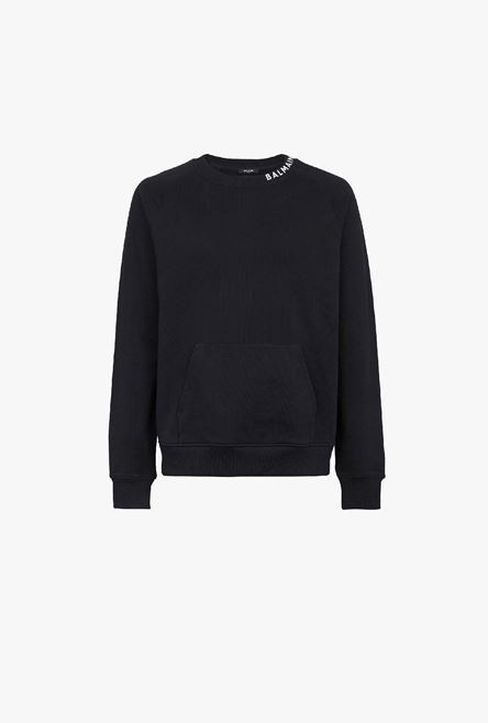 Black cotton sweatshirt with white Balmain logo print neckline - 1