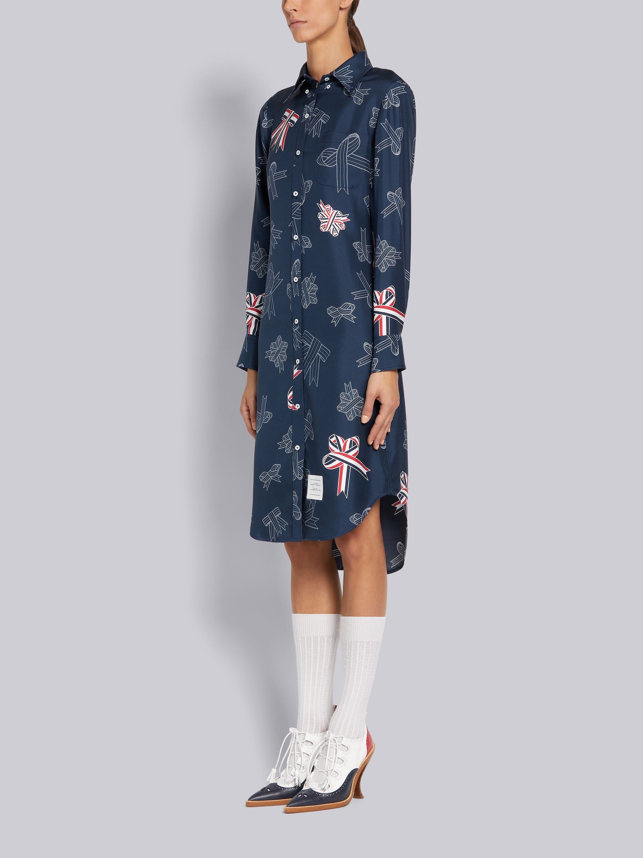 Navy Silk Twill Ribbon Outline Print Classic Below Knee Shirtdress - 2