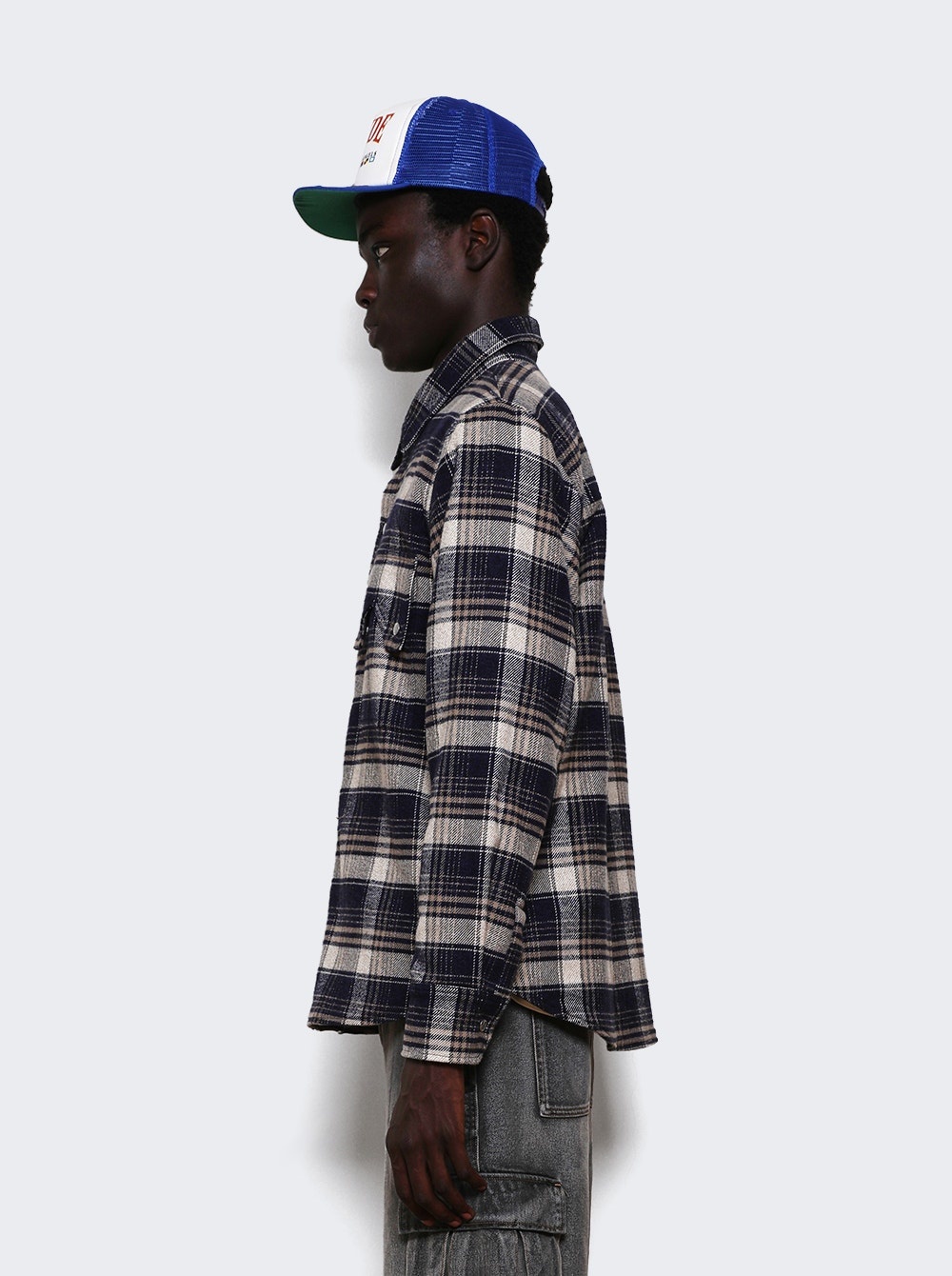 Flannel Long Sleeves Overshirt Dark Navy And Beige - 3