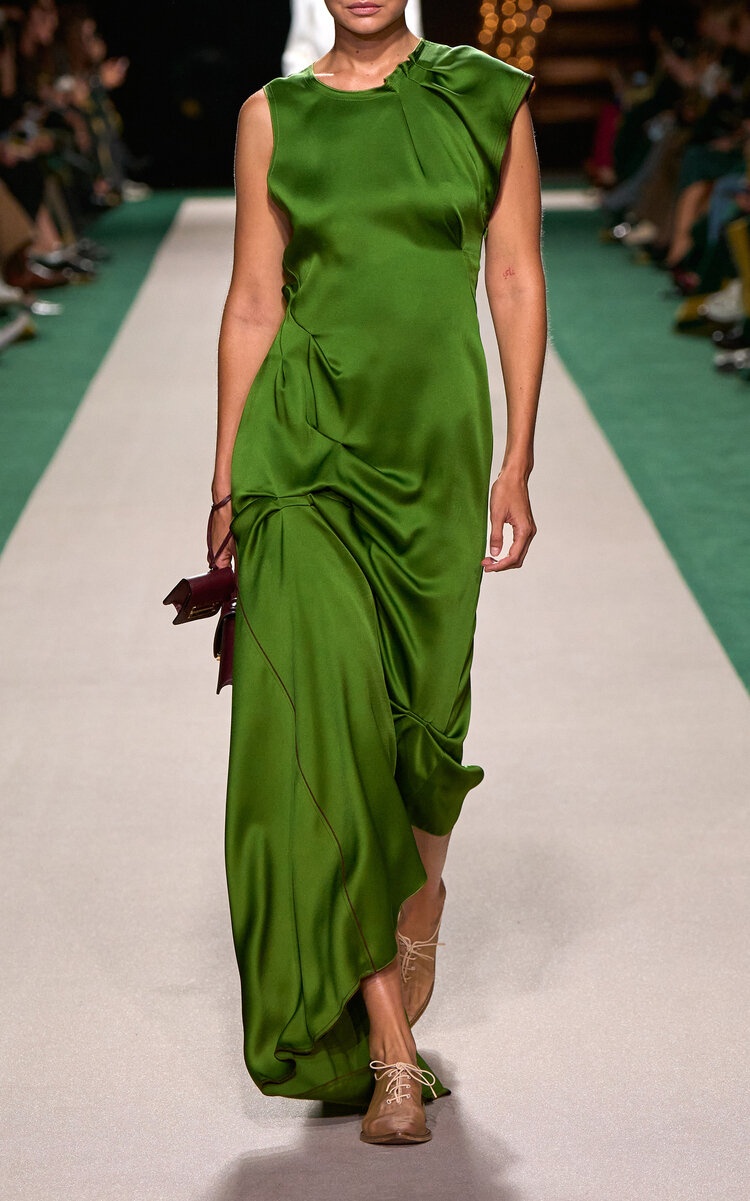 ワンピースその他 Victoria Beckham Dark green midi dress in satin Draped Tuck Detail Midi Dress in Algae | Designer Dresses
