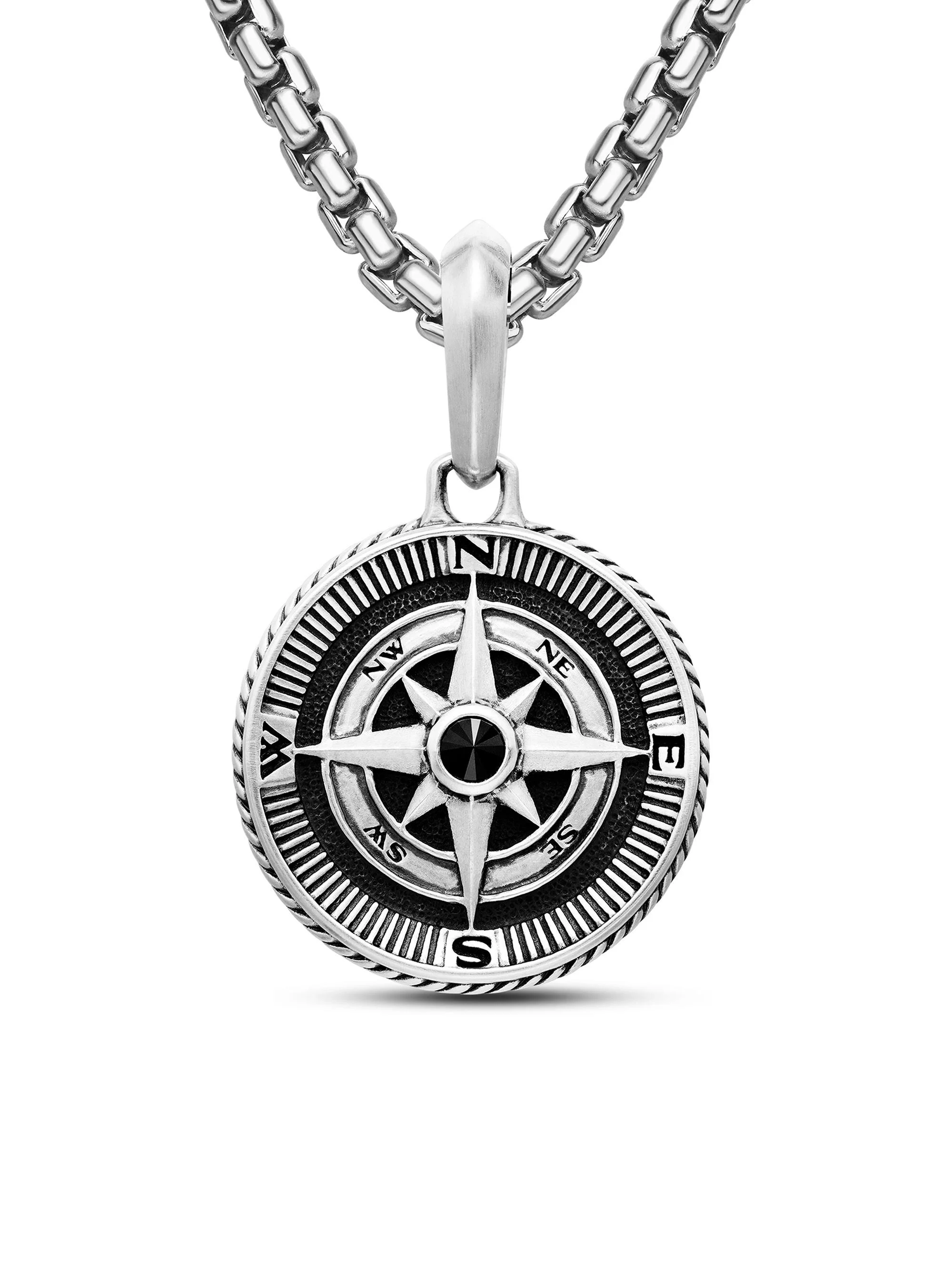 Men's Maritime Compass Amulet in Sterling Silver with Center Black Diamond, 29.5mm - Silver - 1