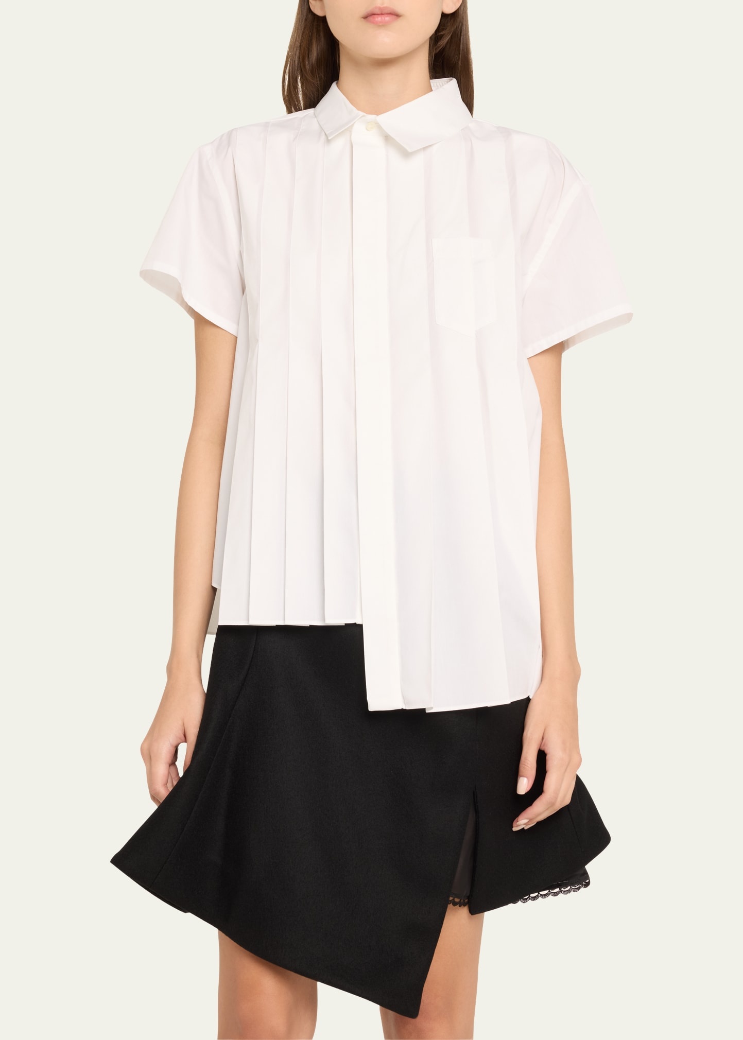 Poplin Pleated Asymmetric Button-Front Shirt - 4